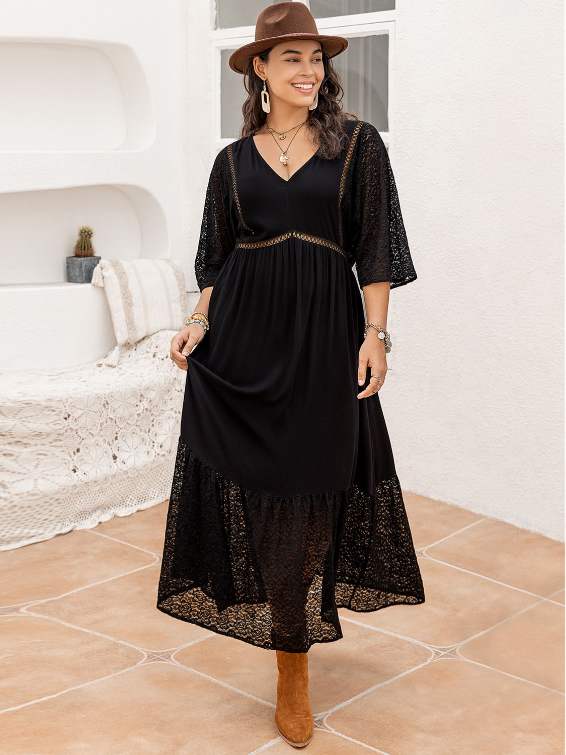 Plus Size V Neck Half Sleeve Midi Dress for Women - Flattering Casual & Office Wear - Comfortable Stretch Fabric for Everyday Use