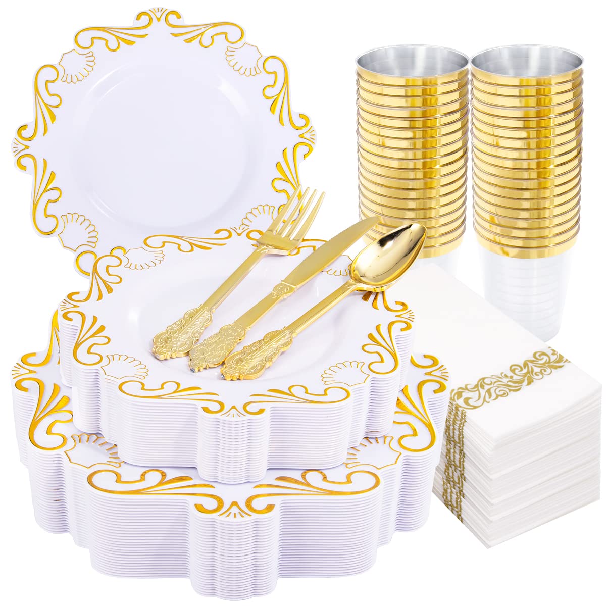 210-Piece Gold Plastic Dinnerware Set - 30 Dinner Plates, 30 Dessert Plates, 30 Cups & 30 Gold Cutlery with Napkins - Elegant Disposable Tableware for Weddings, Parties, Bridal Showers & Special Events