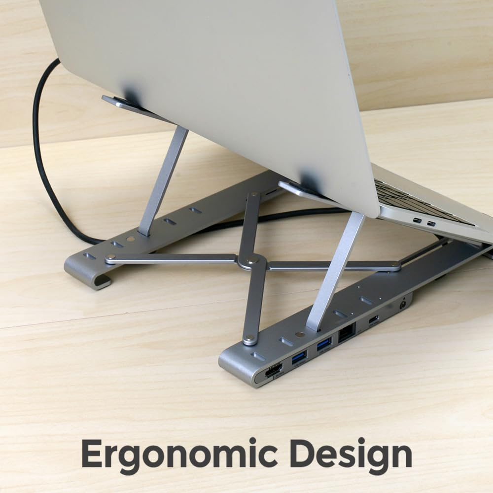 IOGEAR Dock Pro 6-in-1 4K Adjustable Laptop Stand with Docking Station - HDMI 4K@30Hz, 2x USB-A, USB-C, Gigabit Ethernet, 100W PD Charging - Compatible with Windows 10/11 & macOS - Perfect for Home Office, Remote Work & Multi-Monitor Setup