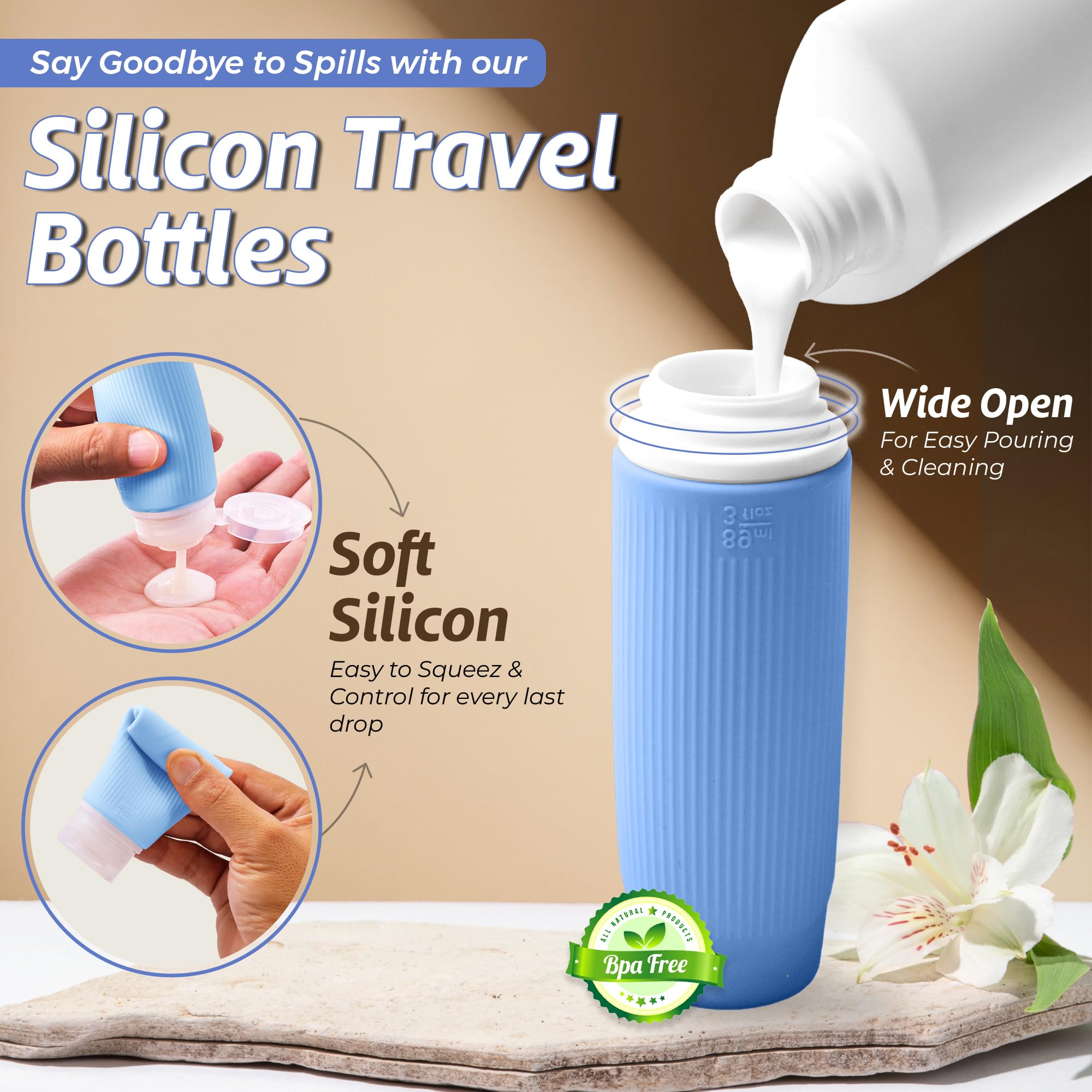 3 Oz Silicone Travel Bottles Set of 5 - TSA Approved Leak Proof Squeezable Toiletry Containers with Zipper Pouch & Labels for Shampoo, Conditioner, Lotion (Blue) - Perfect for Air Travel, Gym, Camping & Vacation Essentials
