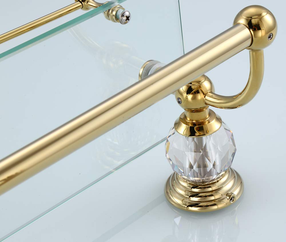 Gold Brass Glass Shelf with Towel Bar - 19.5 Inch European Crystal Bathroom Wall Shelf for Towels & Decor - Perfect for Modern Bathrooms, Powder Rooms & Spa-Style Showers