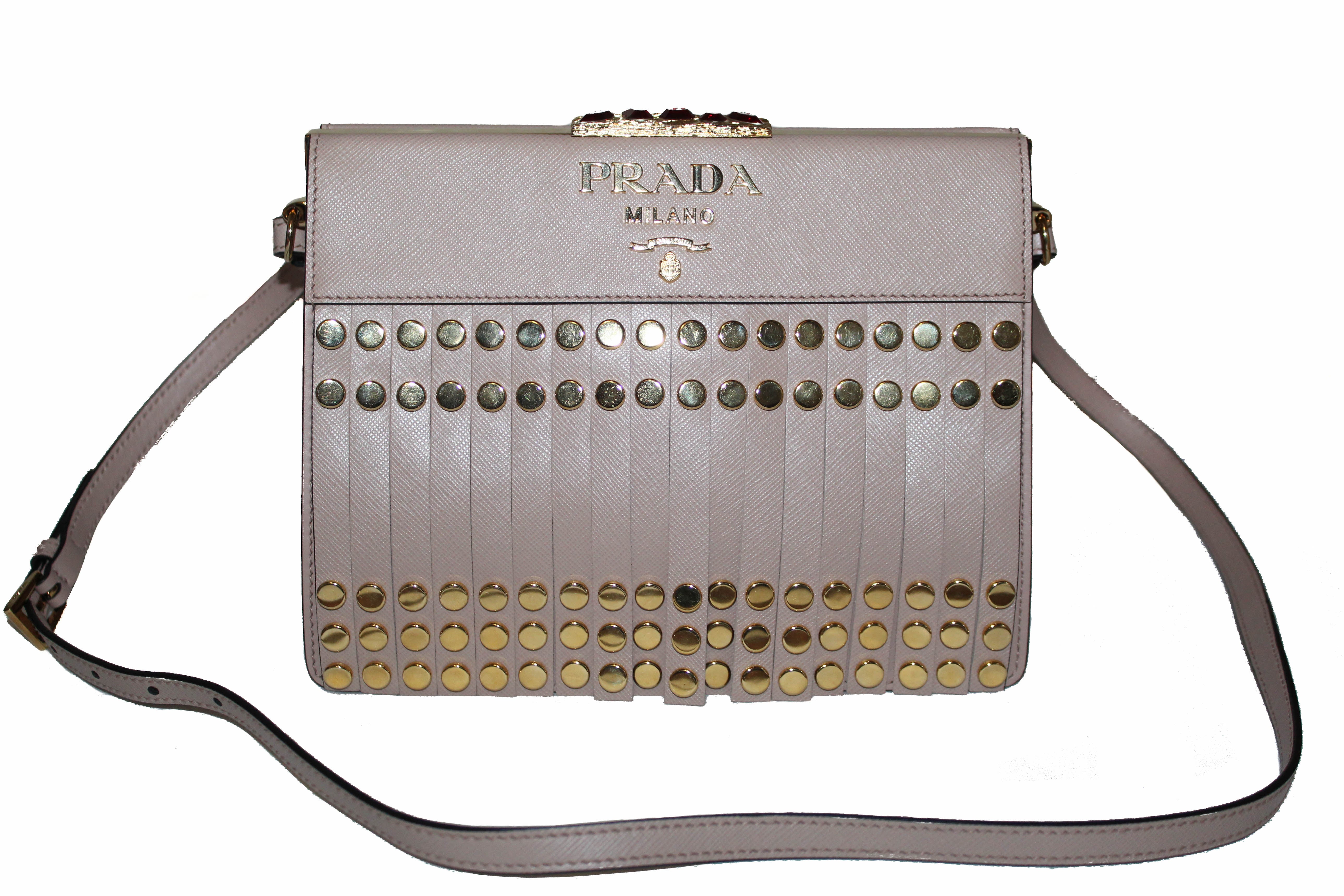 Authentic Prada Beige Blush Saffiano Leather Bag with Fringes & Studs - 1BC046 | Luxury Designer Handbag for Women, Perfect for Work, Evening Events & Travel