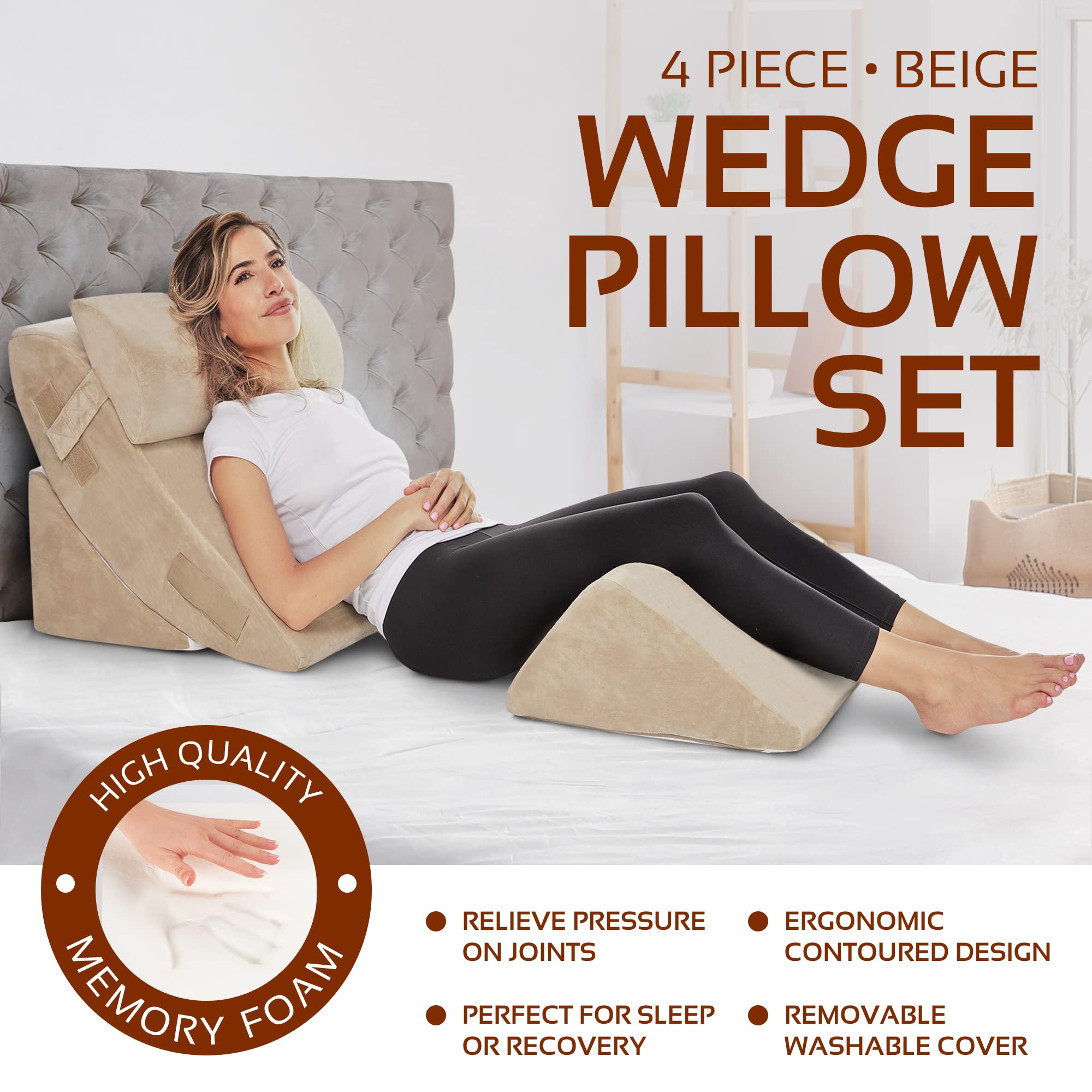 AllSett Health 4-Piece Orthopedic Bed Wedge Pillow Set with Memory Foam - Adjustable Multi-Angle Support for Back, Neck, Shoulder & Leg Pain Relief - Machine Washable Cover - Perfect for Sleeping, Reading, and Post-Surgery Recovery