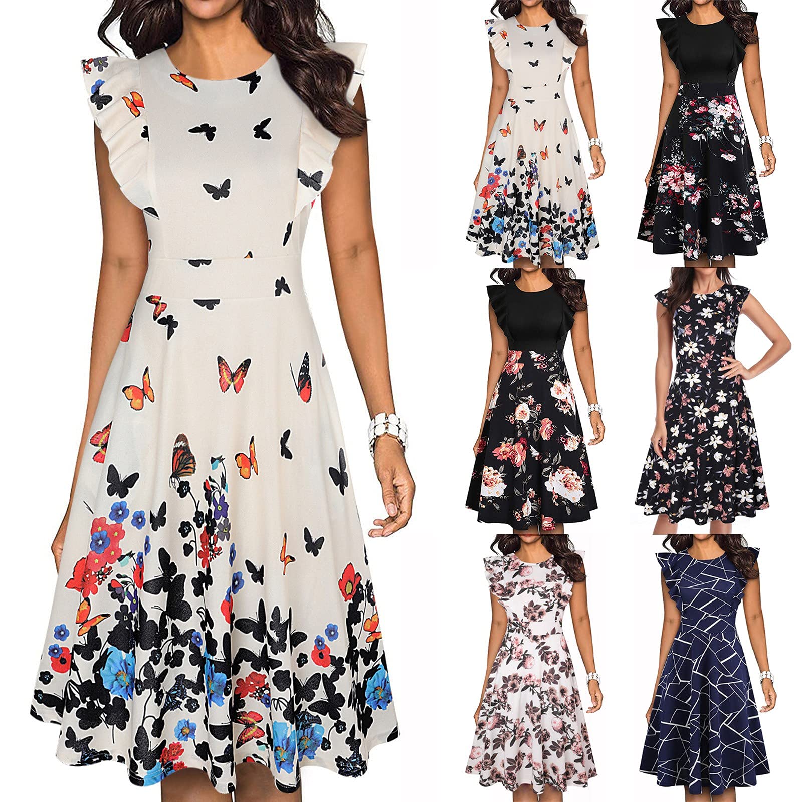 Vintage Floral Print Smocked Midi Dress for Women - Summer Casual A-Line Dress with Elastic Waist, Loose Fit Cocktail Party Dress | Perfect for Beach Vacations, Garden Parties & Date Nights