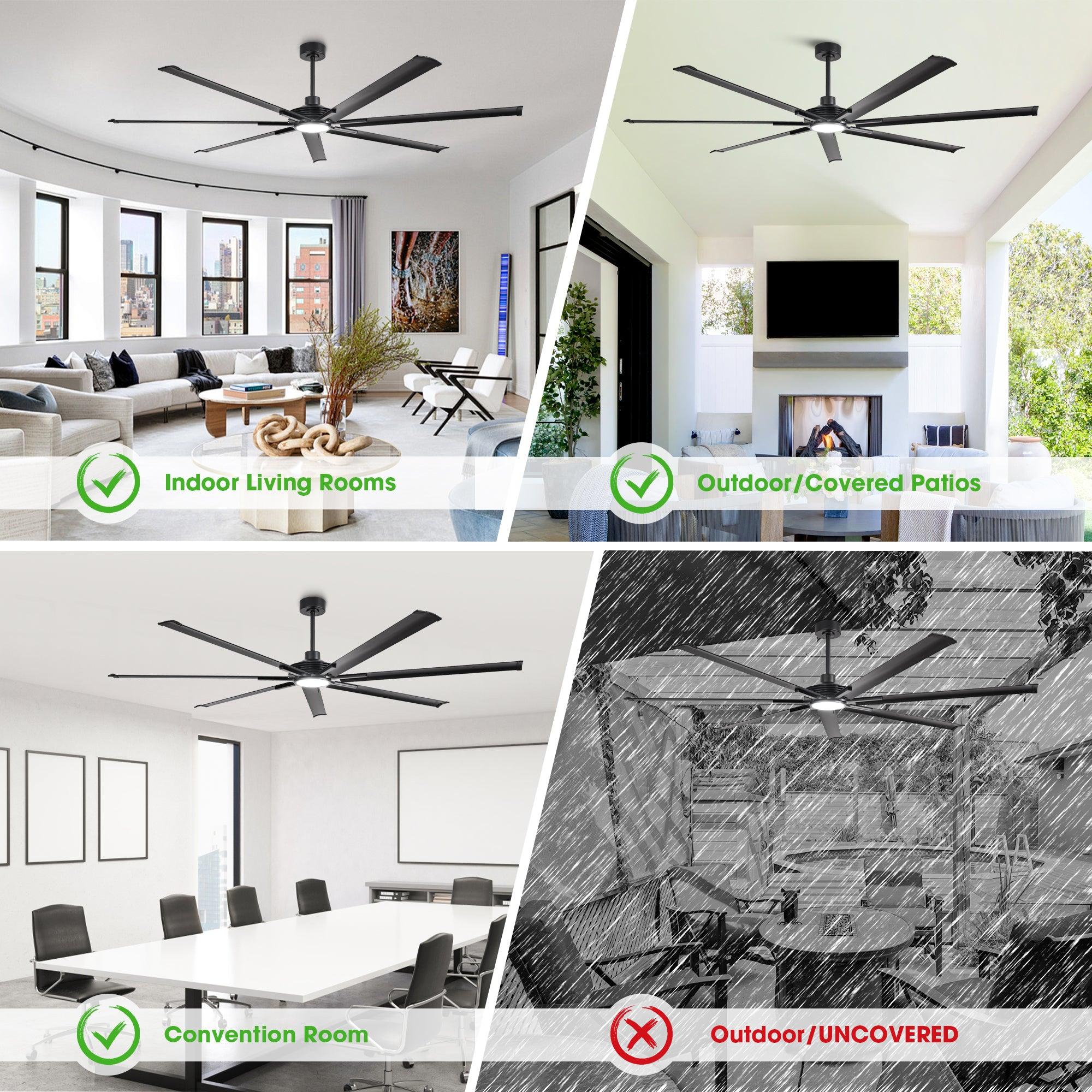 84 Inch & 100 Inch Large Black Ceiling Fan with Remote Control - Dimmable LED Light, Quiet Reversible Motor for Living Room, Bedroom, Patio - Energy Efficient Modern Home Cooling Solution