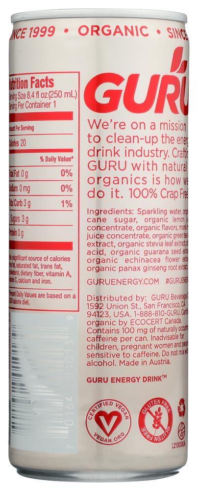 Guru Energy Bev Lite - Organic Energy Drink with Natural Caffeine & Vitamins | Boost Focus & Hydration for Workouts, Study & Active Lifestyles