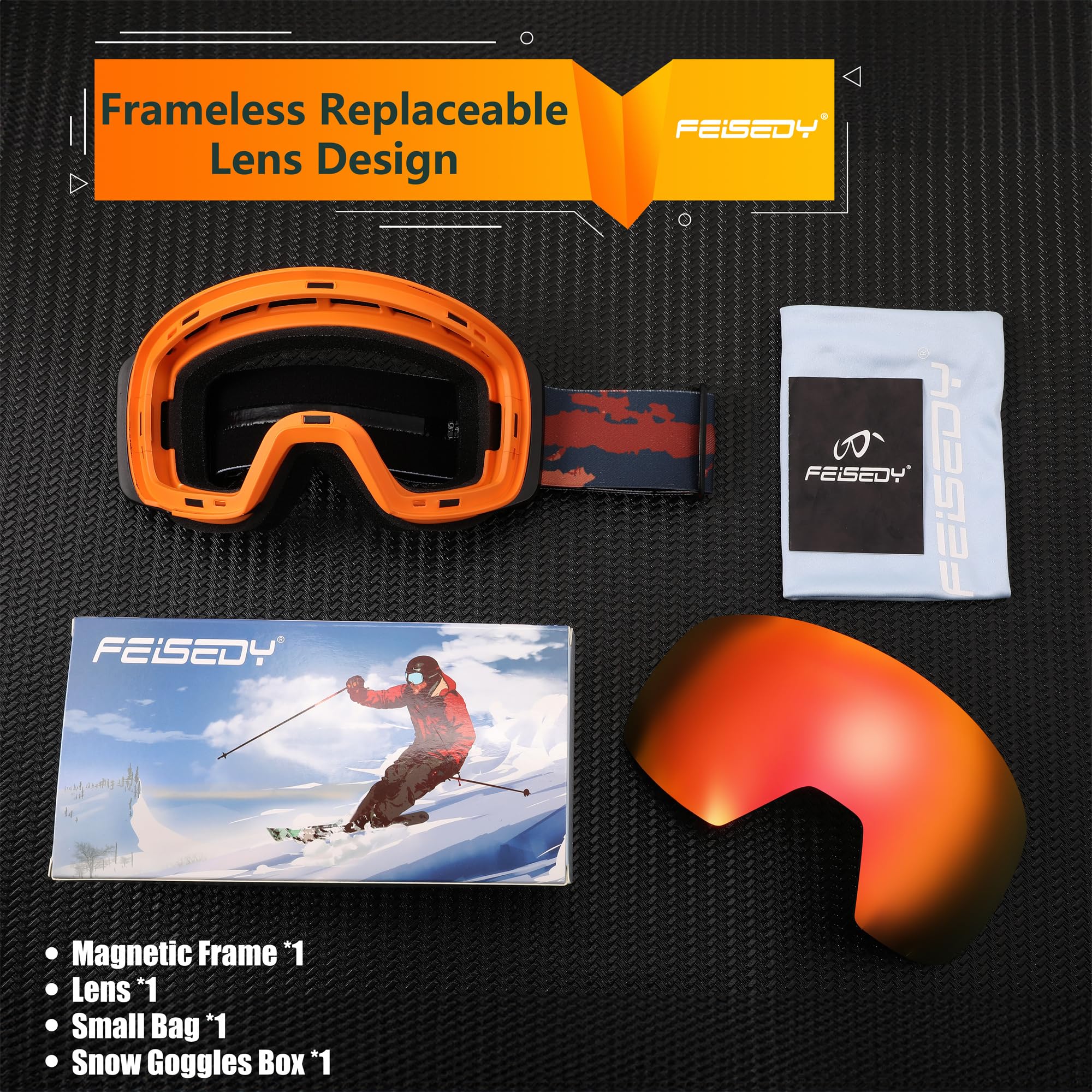 FEISEDY Magnetic Frameless Ski Goggles for Men, Women & Youth - 100% UV Protection Snowboard Goggles for Winter Sports & Outdoor Activities - Perfect for Skiing, Snowboarding & Mountain Adventures