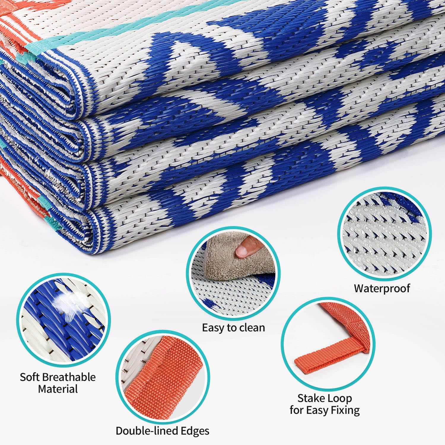 6'x9' Waterproof Outdoor Patio Rug - Durable Plastic Straw Camping Carpet for RV, Porch, Deck & Balcony | All-Weather, UV Resistant | Perfect for Camping, Backyard, Picnic & Outdoor Gatherings (Blue/Red)