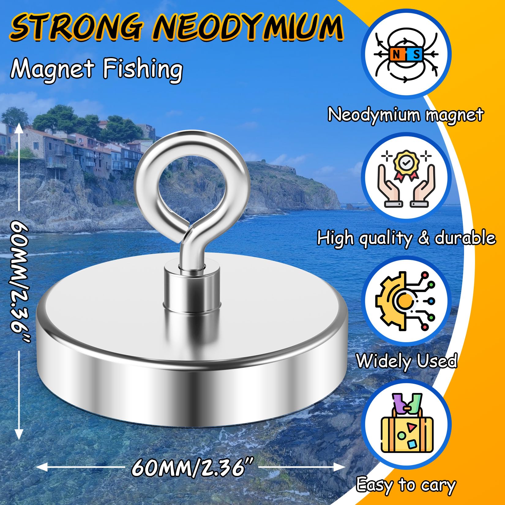 Super Strong Neodymium Fishing Magnet 500 lbs (227 KG) Pulling Force - Rare Earth Magnet with Countersunk Hole & Eyebolt for River Retrieval & Magnetic Fishing - 2.36 Inch (60 mm) - Perfect for Underwater Treasure Hunting, Metal Detecting & Outdoor Adventures