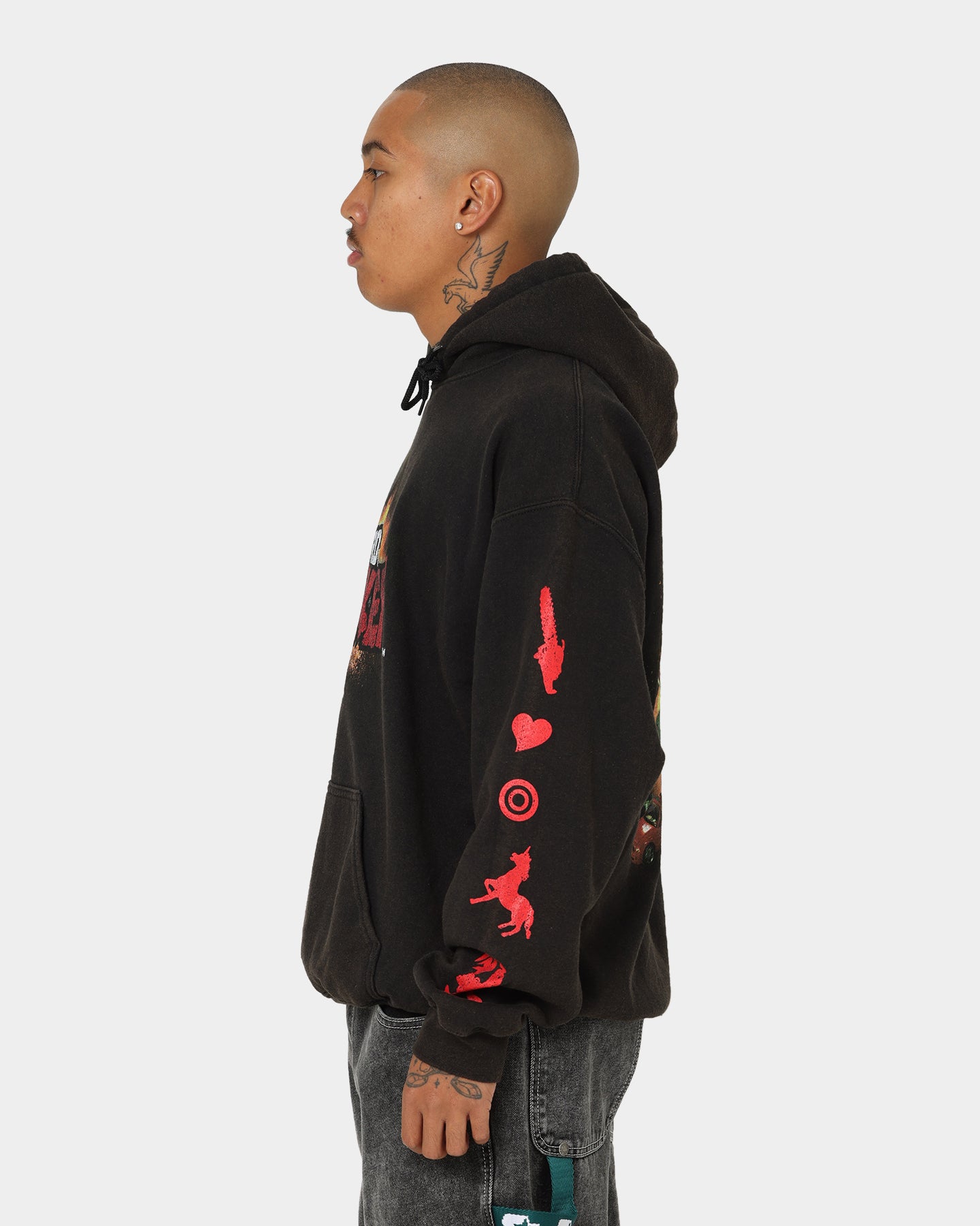 Vintage American Thrift Chicken Boom Hoodie - Black Distressed Wash - Retro Streetwear for Men & Women - Perfect for Casual Outfits, Urban Fashion, and 90s Style Lovers