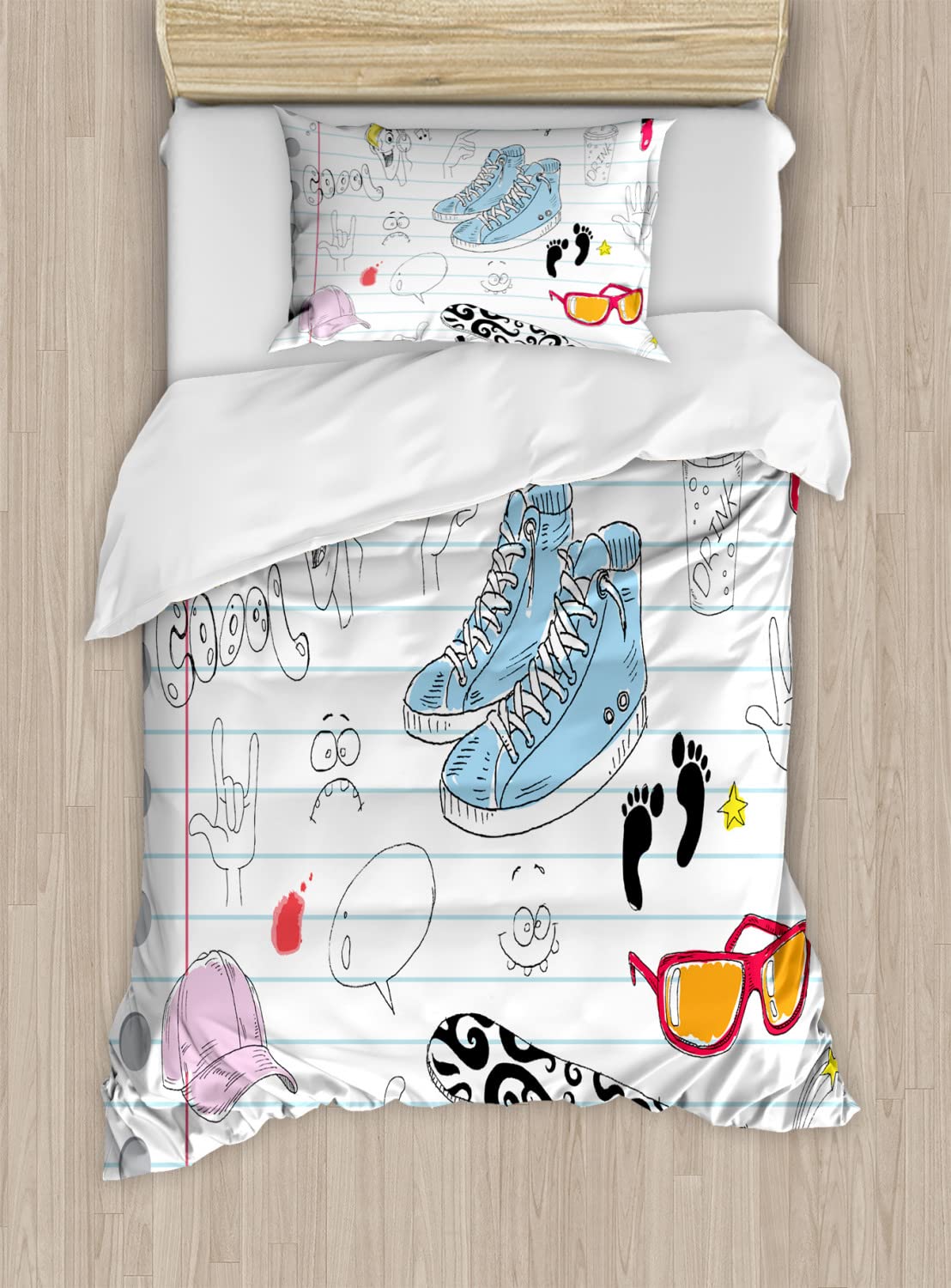 Ambesonne Hipster Duvet Cover Set - Funky Notebook Design with Skateboard & Shooting Star Patterns - 2-Pack Queen Size Bedding Set (2 Duvet Covers + 4 Pillowcases) in Black, Pale Blue & Ginger - Perfect for Teen Bedrooms, Dorm Decor & Bohemian Style Apartments