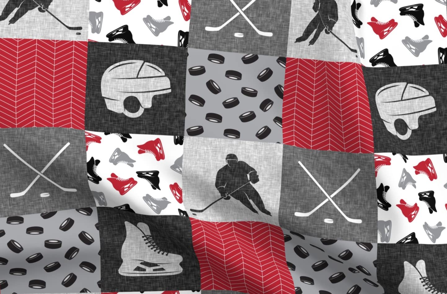 Ice Hockey Themed Printed Minky Fabric by The Yard - Red & Black Cheater Quilt Top for Baby Blankets, Nursery Decor & Plush Quilt Backing - Perfect for Sewing Projects, DIY Patchwork & Soft Nursery Bedding