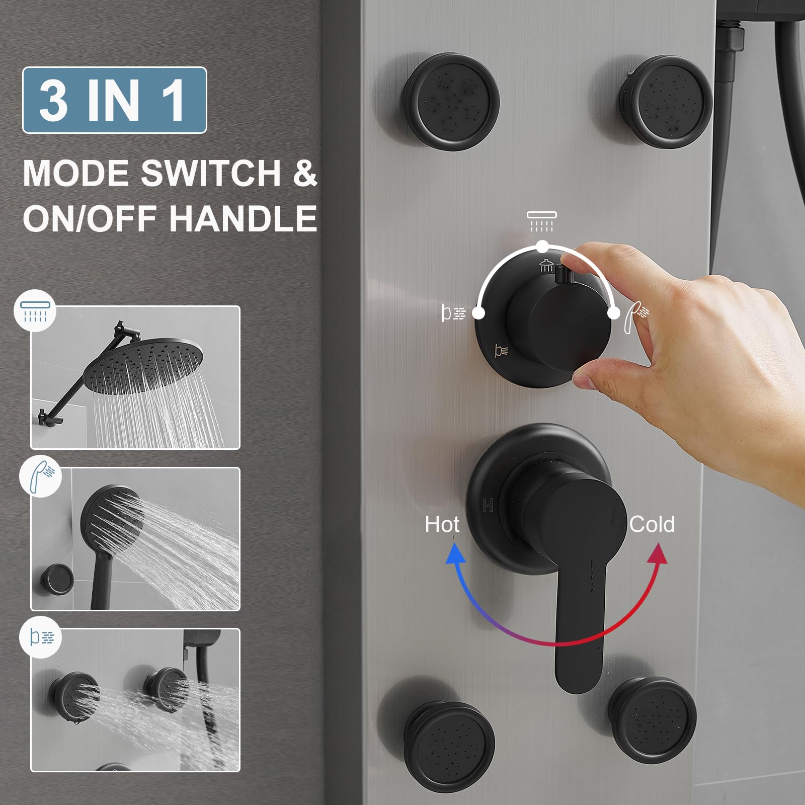 Premium Stainless Steel Shower Panel System - Adjustable Rainfall Shower Head with 6 Body Jets & 4-Setting Handheld Shower - Wall Mounted Bathroom Spa System in Brushed Nickel - Perfect for Luxury Home Renovation and Spa-Like Shower Experience
