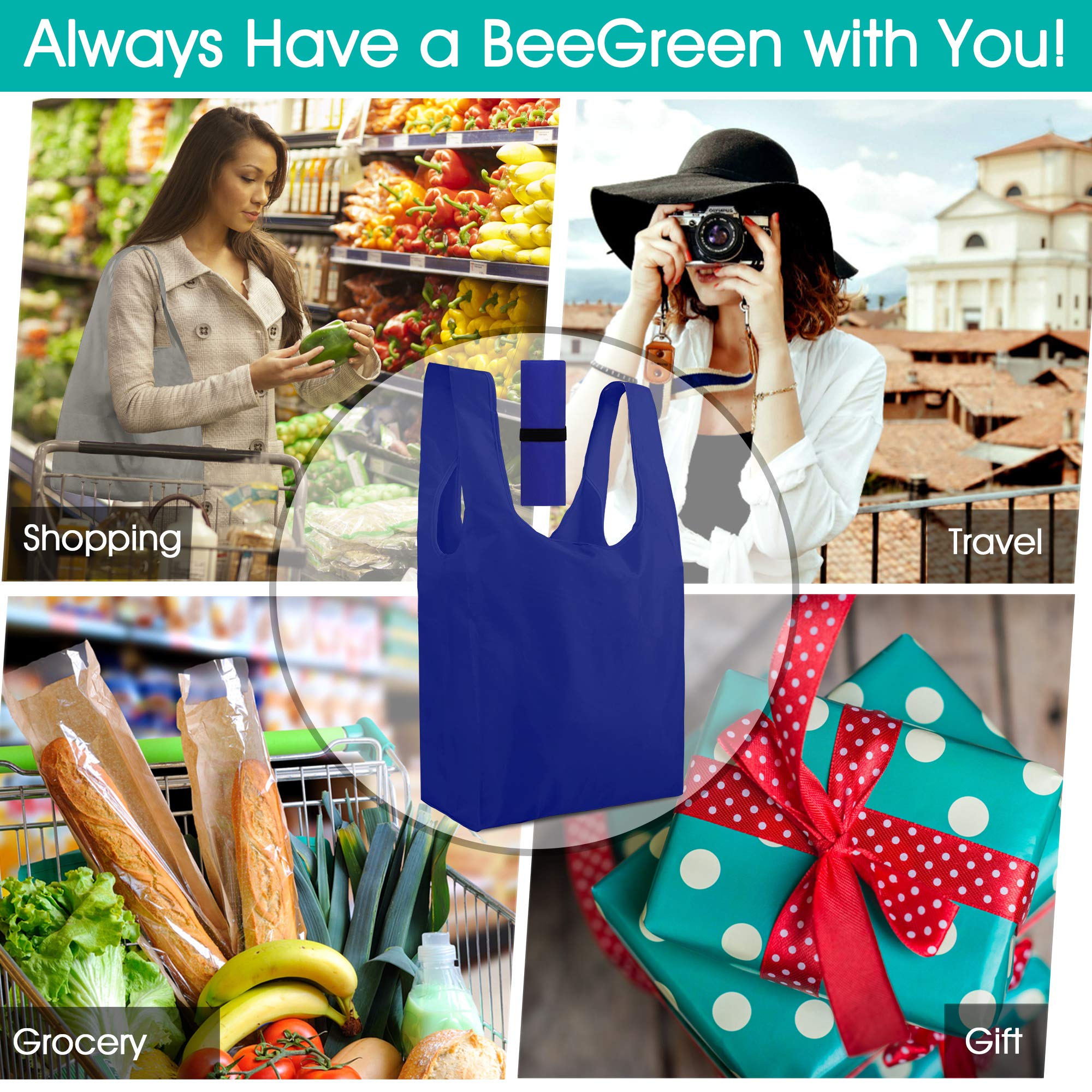 BeeGreen 12 Pack Reusable Shopping Bags - Heavy Duty 50LBS Capacity Grocery Totes with Zipper Pouch, Foldable Travel Tote & Snack Bags - Eco-Friendly Polyester Bags for Grocery Shopping, Travel, Picnics & Gift Giving