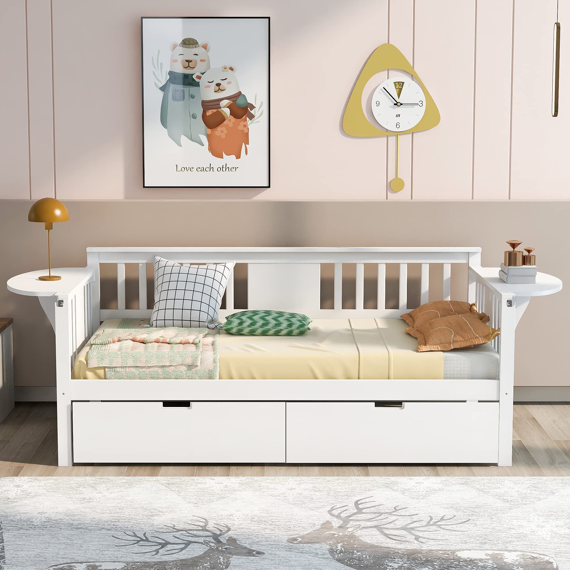 White Wood Daybed with 2 Storage Drawers & Side Table - Twin Size Sofa Bed with Wood Slat Support (No Box Spring Needed) - Easy Assembly for Bedroom, Guest Room or Living Room - Perfect for Small Spaces & Overnight Guests