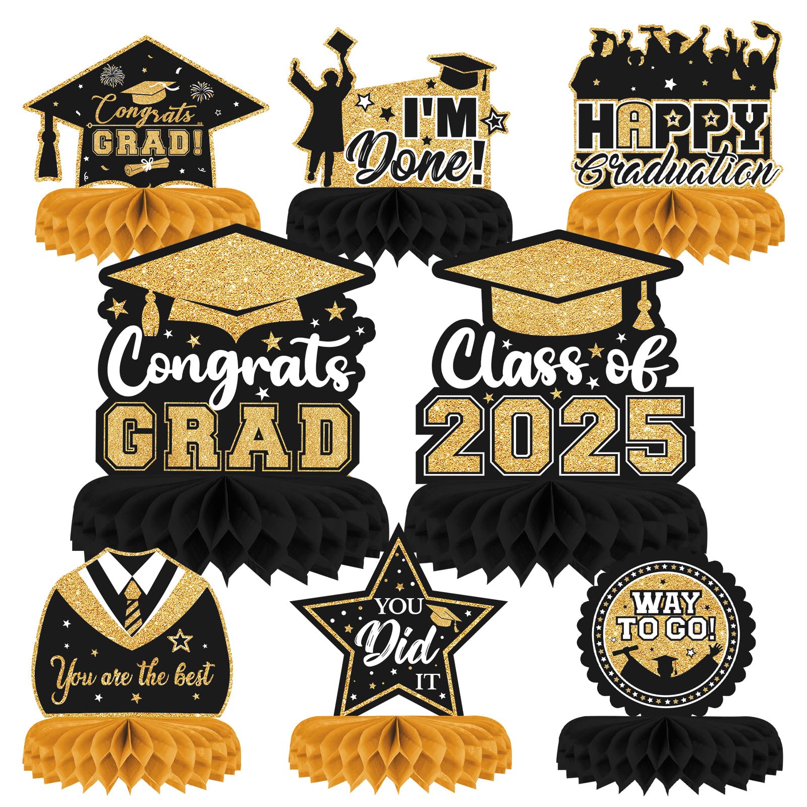 8-Piece Class of 2025 Graduation Table Decor Set - Black & Gold Honeycomb Centerpieces for Grad Party, Congrats Grad Table Toppers - Perfect for High School & College Graduation Ceremonies, Photo Backdrops & Celebration Decorations
