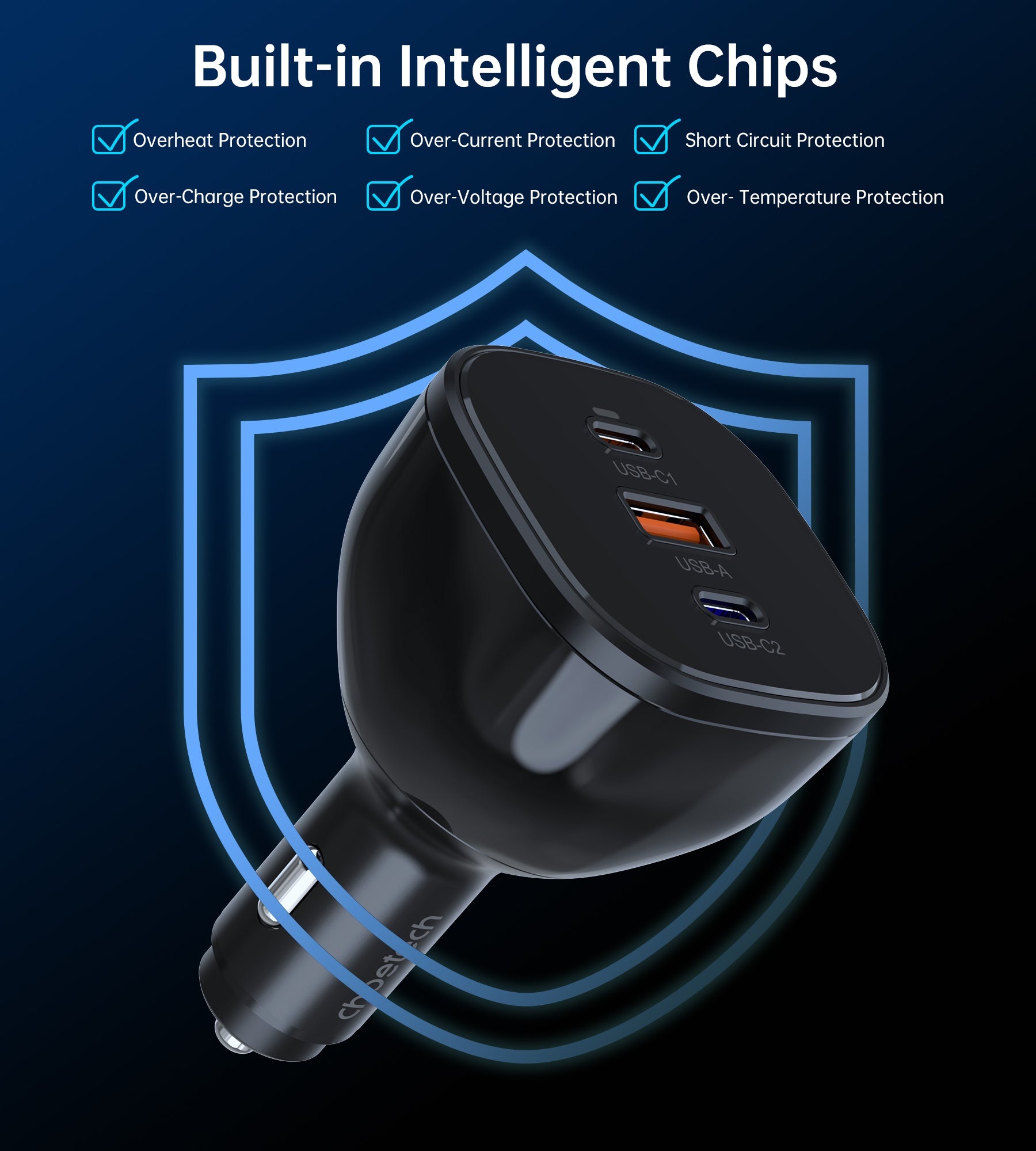 Choetech TC0024 165W 3 Port Car Charger - 140W PD3.1 USB C & Dual Fast Charging Ports for iPhone 15/14, Samsung Galaxy, iPad, Laptop | Perfect for Road Trips, Commuting & Travel Accessories