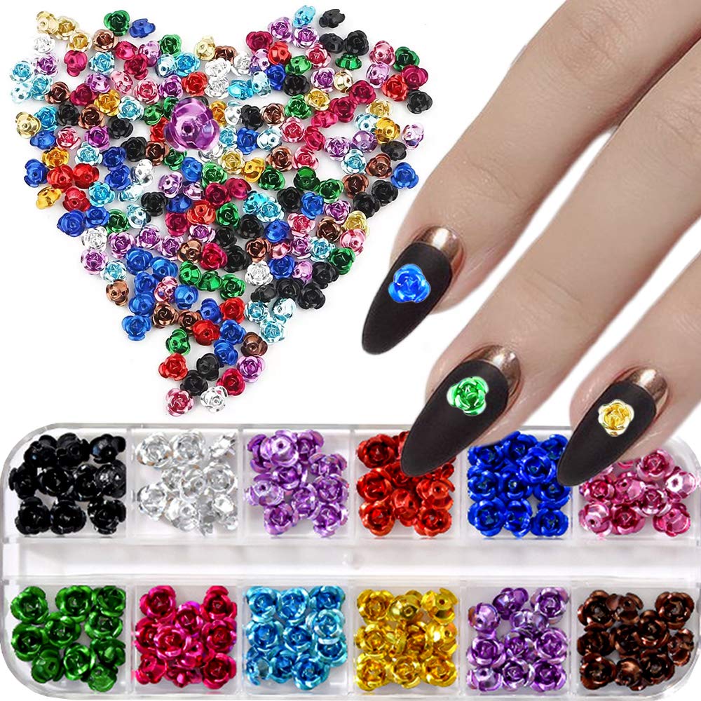 3D Metal Nail Art Charms - 120pcs Rose Flower Design Nail Decals in 12 Colors, DIY Nail Studs for Fingernails & Toenails Decor - Perfect for Manicure, Pedicure, Nail Salon, Party & Wedding Nail Art Accessories