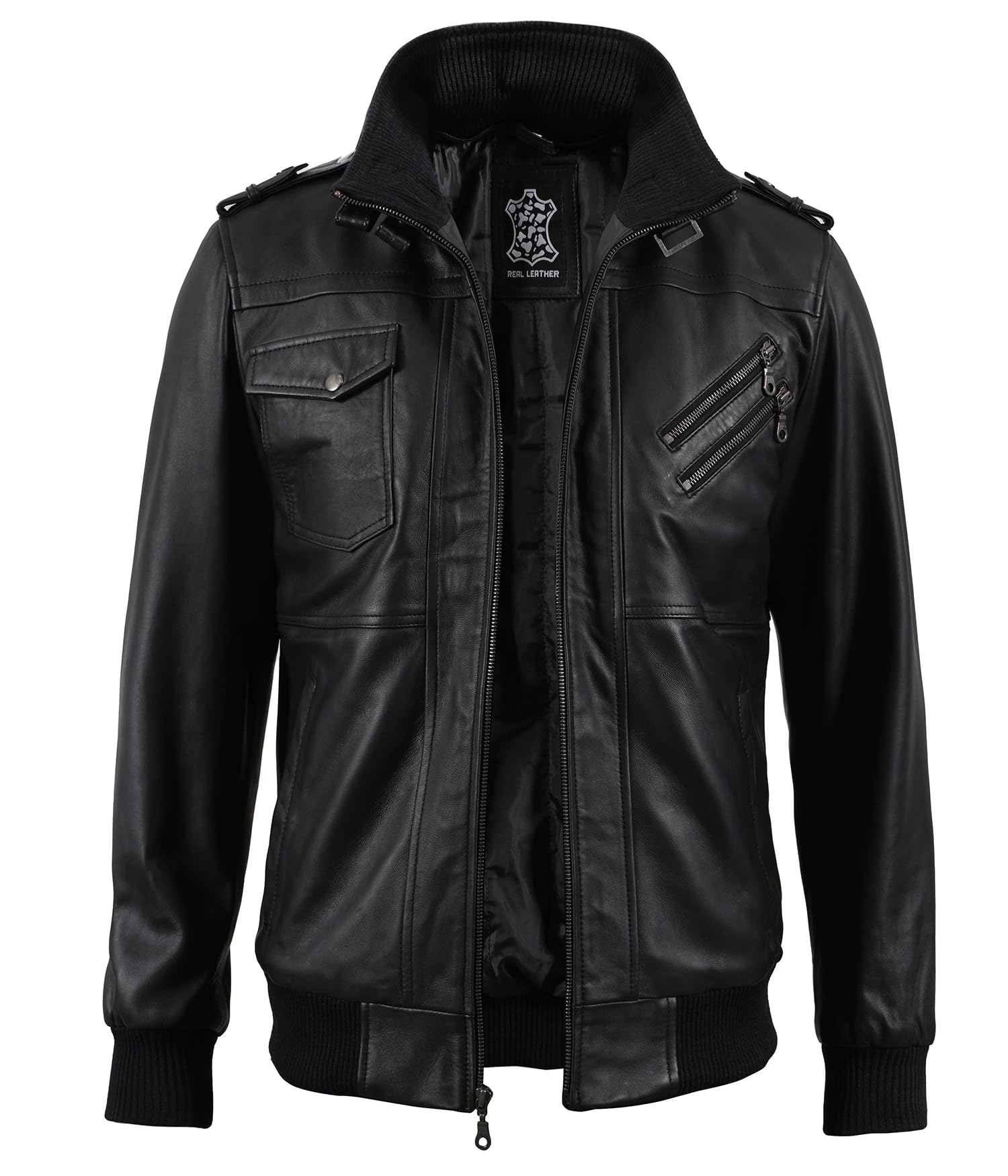 Genuine Leather Bomber Jacket for Men - Motorcycle & Casual Wear with Removable Hood - Stand Collar Biker Jacket for Riding, Travel & Everyday Fashion
