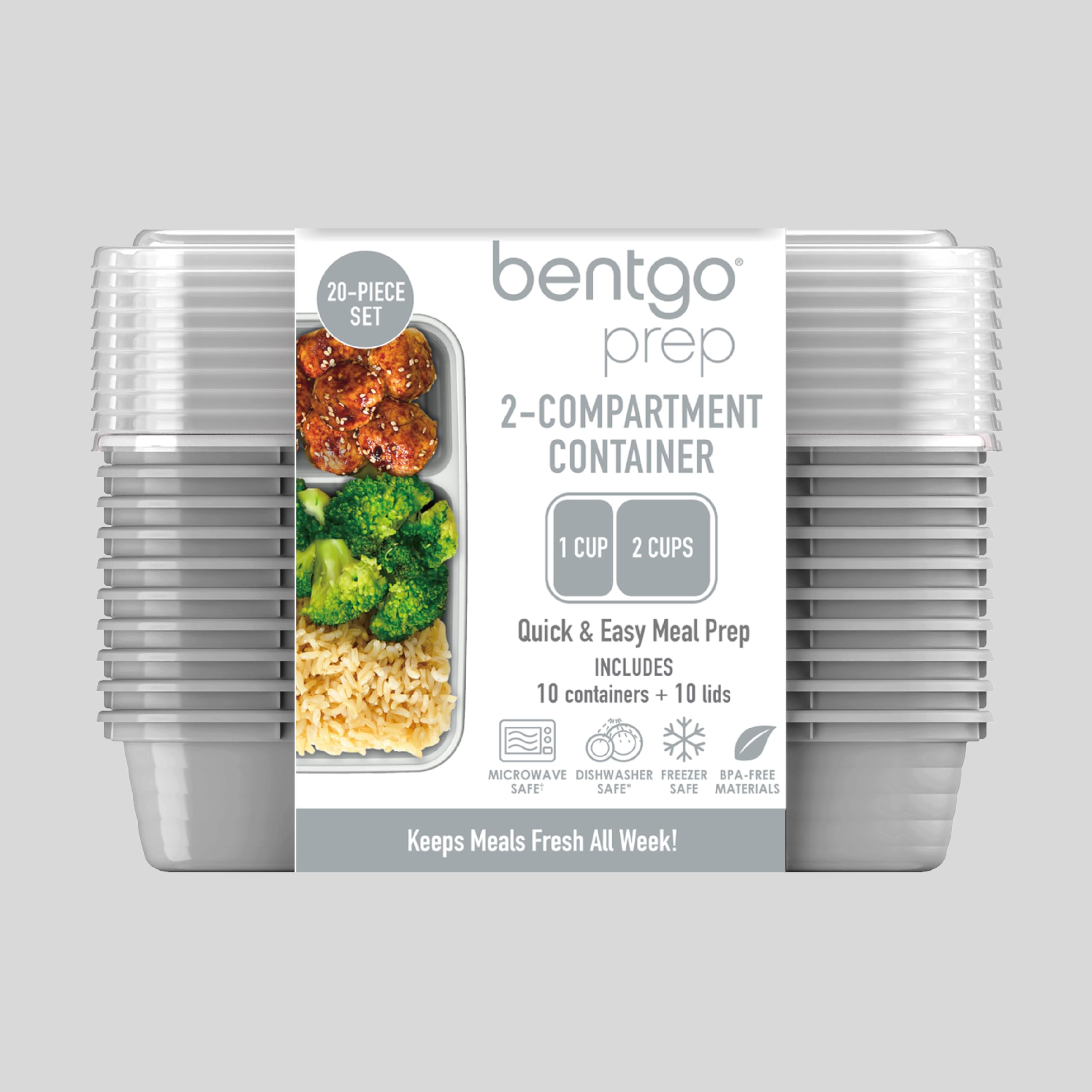 Bentgo 20-Piece BPA-Free Food Storage Containers Set - Lightweight & Durable 2-Compartment Meal Prep Containers - Microwave, Freezer & Dishwasher Safe - Ideal for Office Lunch, Meal Prep & Leftovers Storage (Silver)