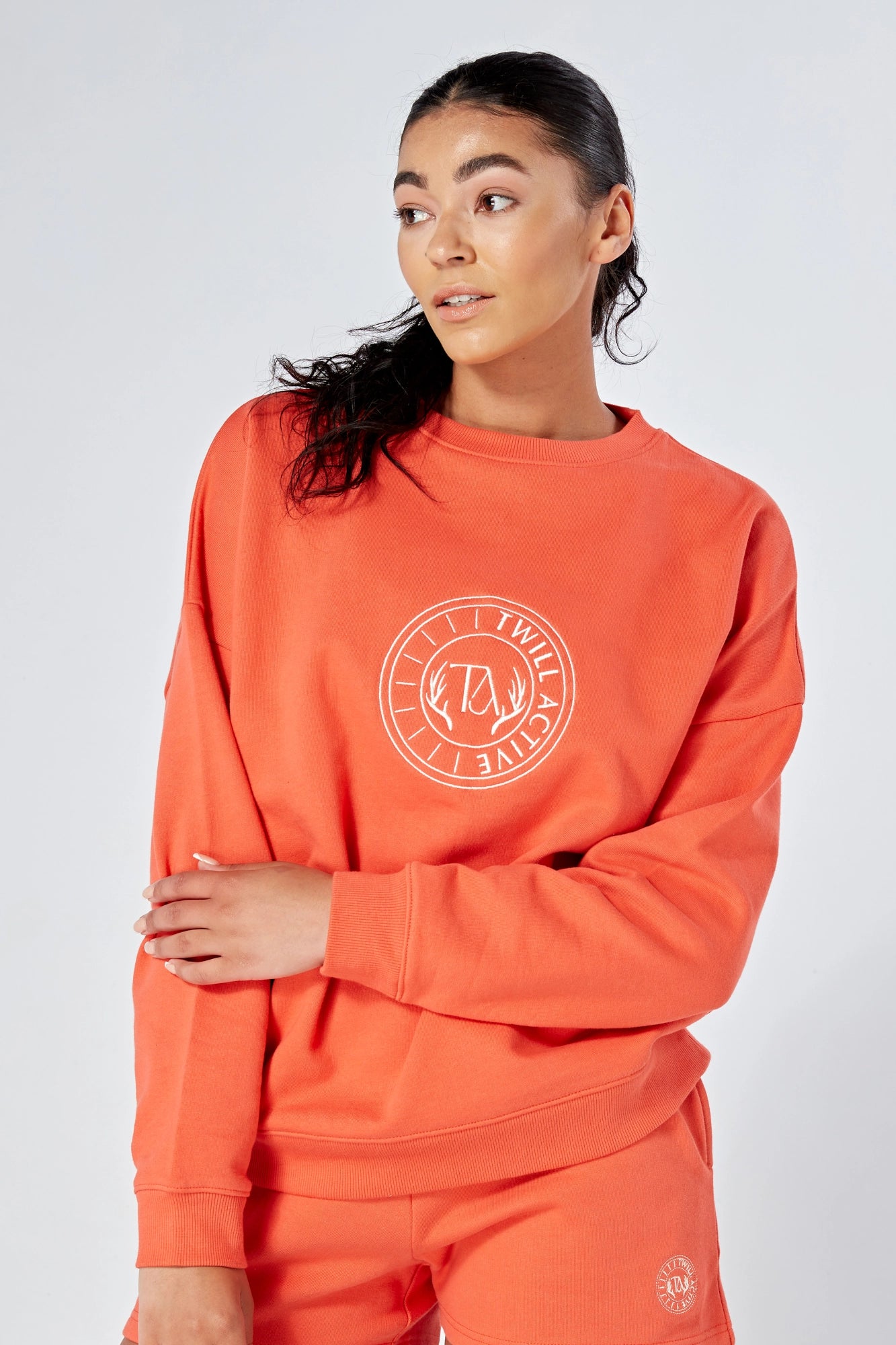 Oversized Twill Active Essentials Crewneck Sweatshirt for Women - Coral | Comfortable Loungewear & Casual Streetwear for Everyday Wear
