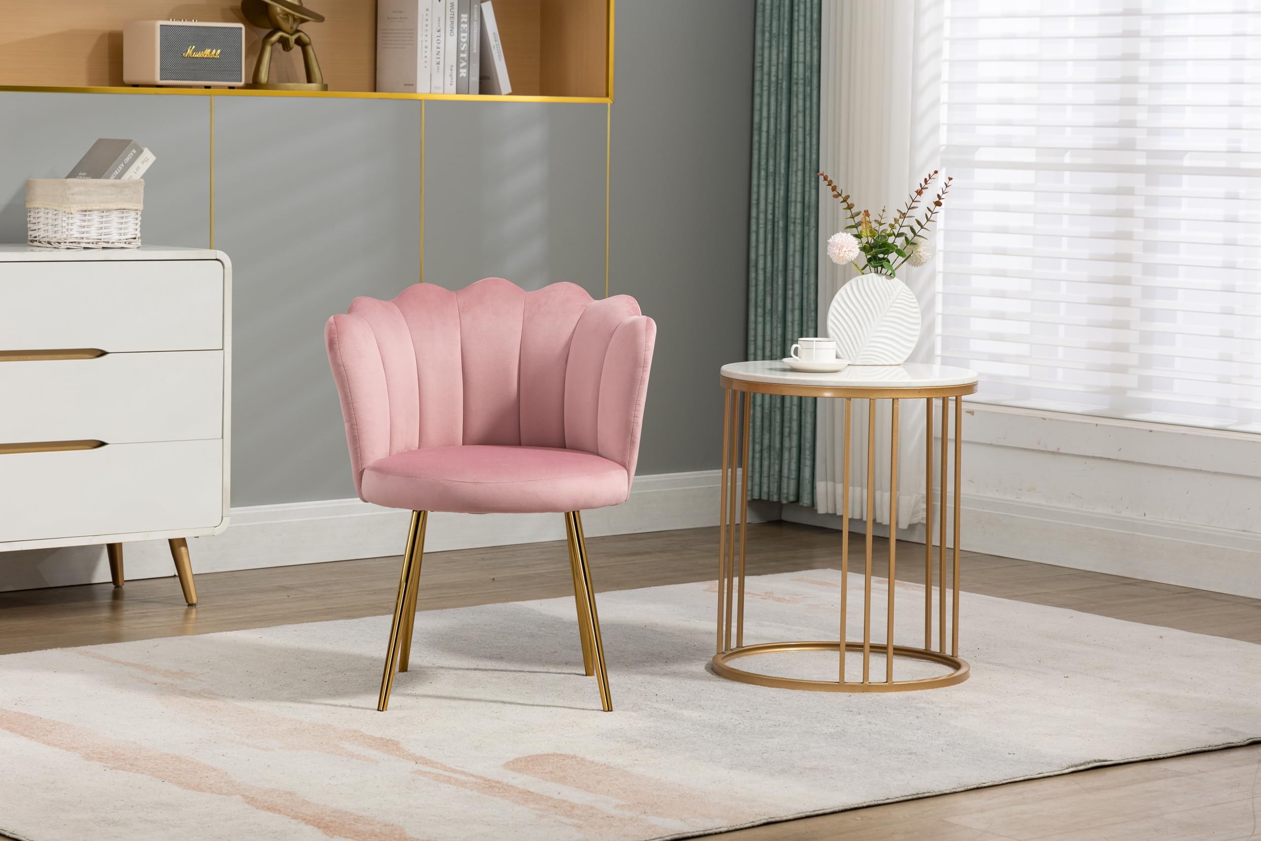 Modern Velvet Upholstered Vanity Chair with Golden Metal Legs & Petal Back - Comfy Armchair for Bedroom, Dining, Desk - Perfect for Women, Girls & Kids (Bright Pink) - Ideal for Makeup Vanity, Dressing Room, Home Office & Study