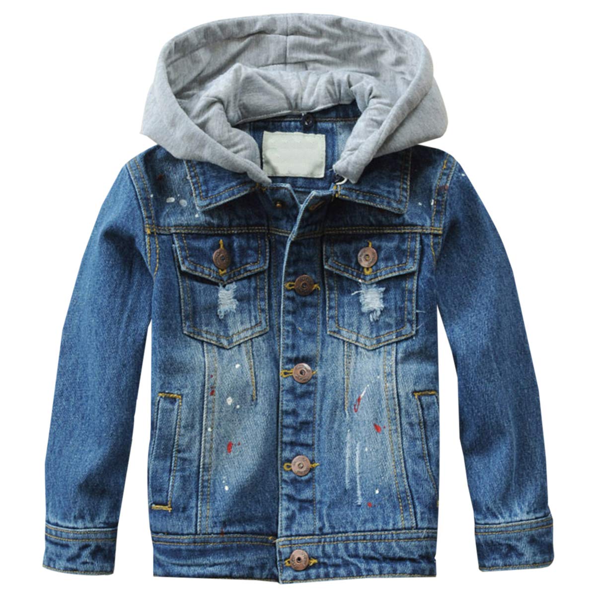 **Boys' Lightweight Distressed Denim Jacket with Hood - Ripped Cotton Jean Coat for Kids | Casual Outerwear for School & Play**