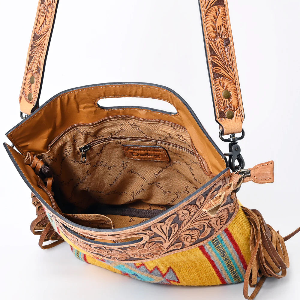 Stylish American Darling Yellow Aztec Floral Tooled Leather Handbag - Perfect for Casual Outings, Boho Fashion & Festival Accessories