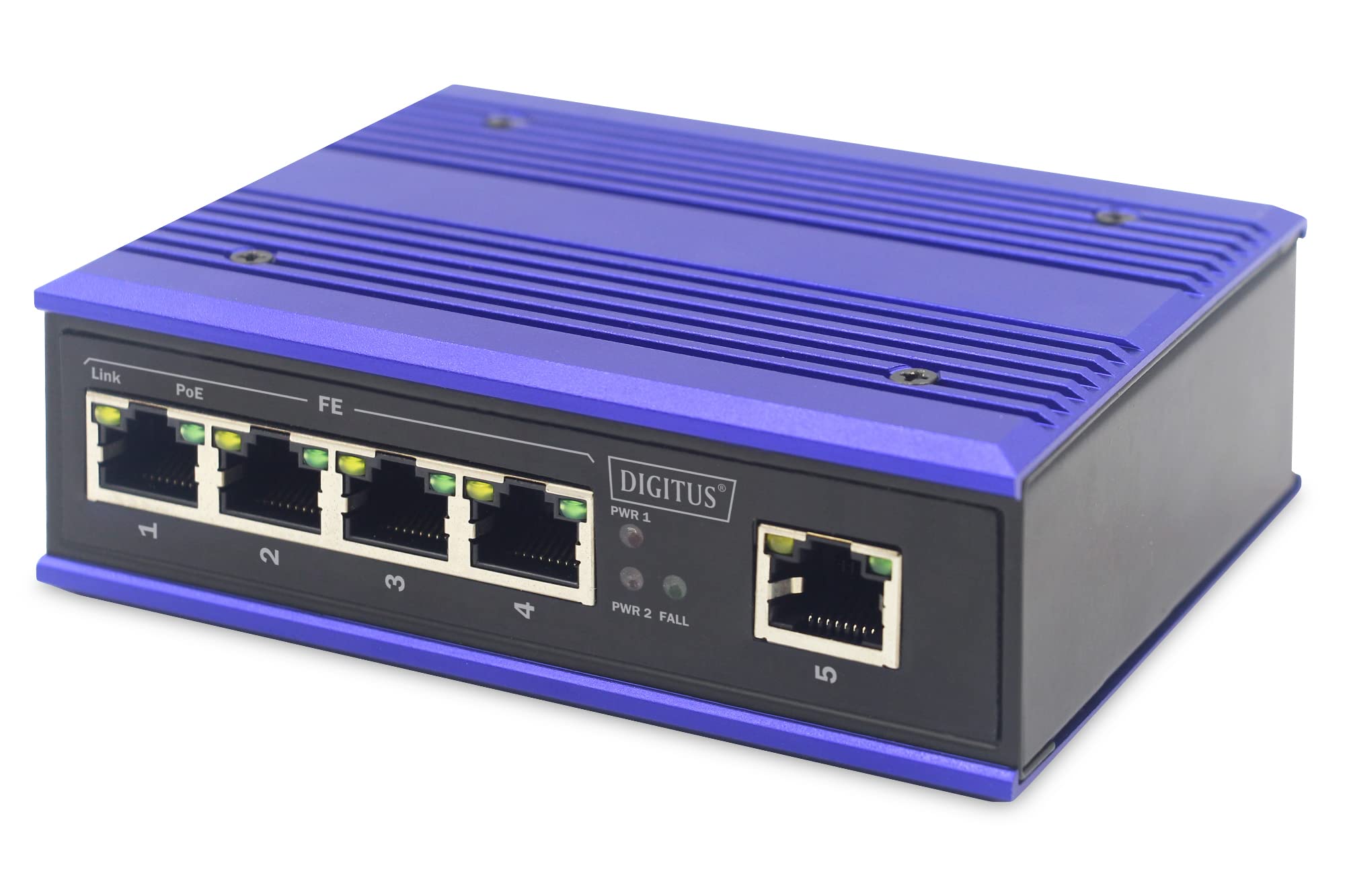 DIGITUS 5-Port Fast Ethernet PoE Network Switch with DIN Rail Mounting & Terminal Strip - Fanless Design for Industrial Use (Black/Blue) - Perfect for Office Networks, Security Systems & Smart Home Installations