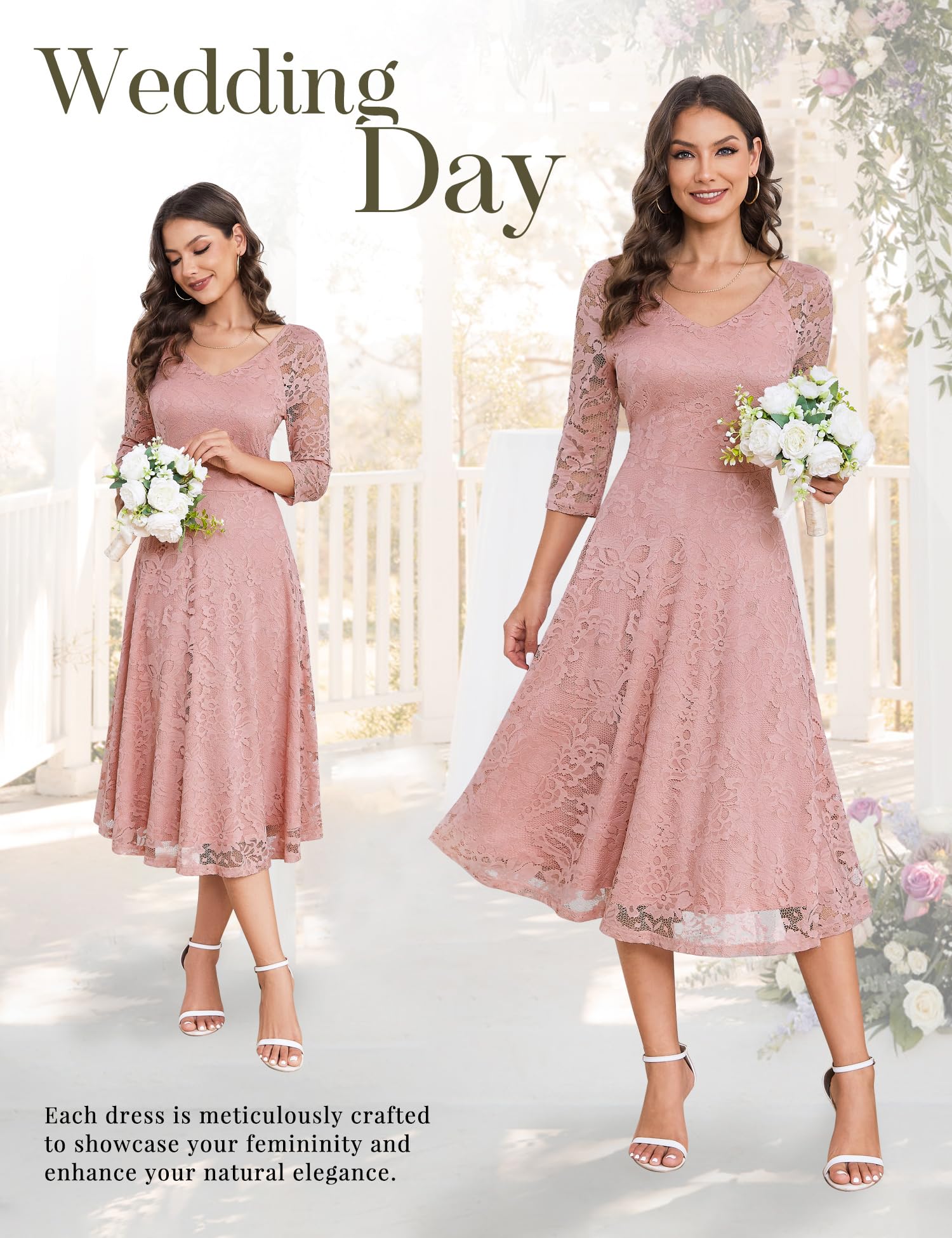 Elegant Long-Sleeve Lace Wedding Guest Dress for Women - A-Line Formal Cocktail Party Midi Gown | Perfect for Weddings, Proms, Galas & Special Occasions