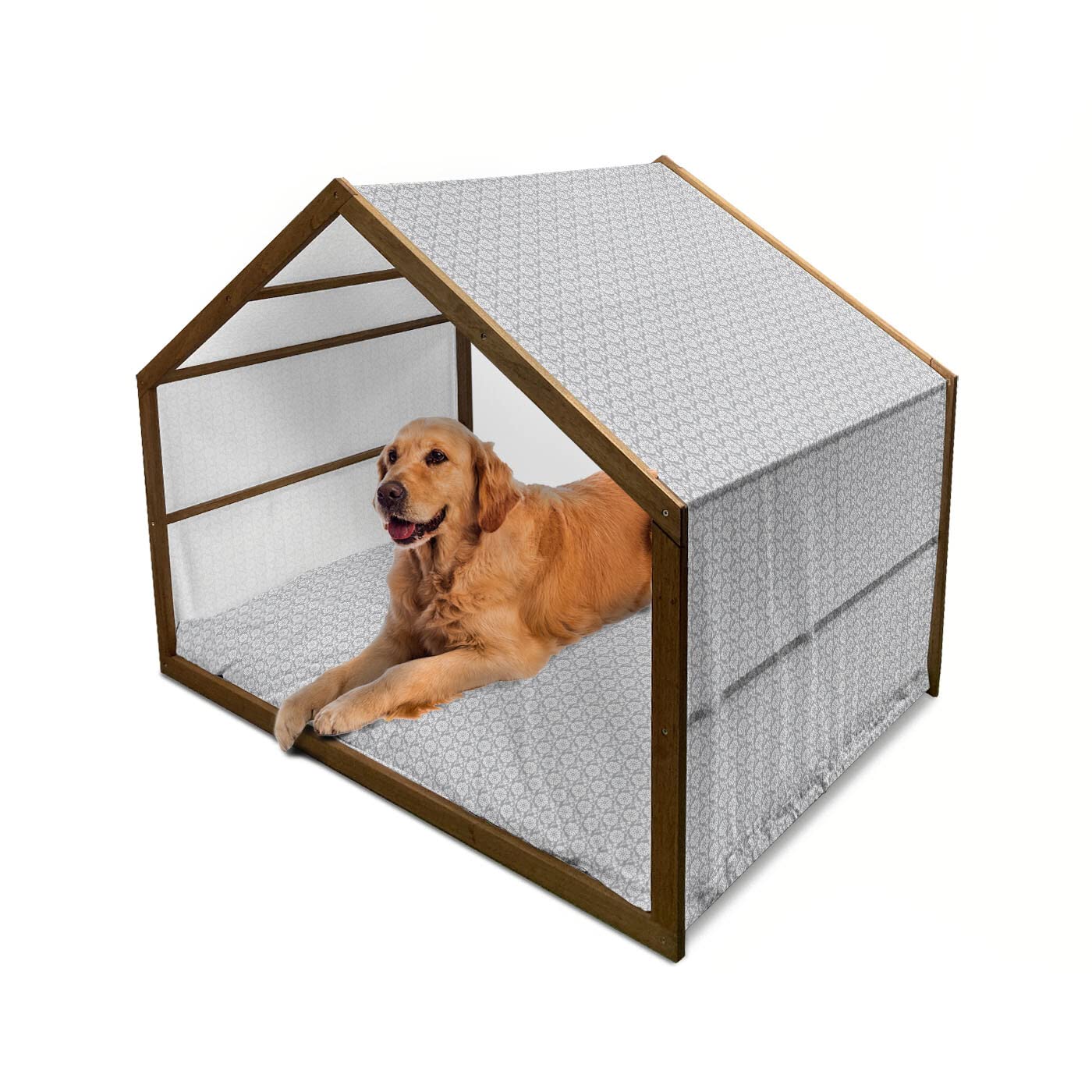 Ambesonne Grey and White Wooden Dog House - Victorian Garden Pattern with Petals & Leaves, Antique Look Indoor/Outdoor Portable Pet Kennel with Pillow & Cover, X-Large for Large Dogs - Perfect for Backyard, Patio, or Garden Use