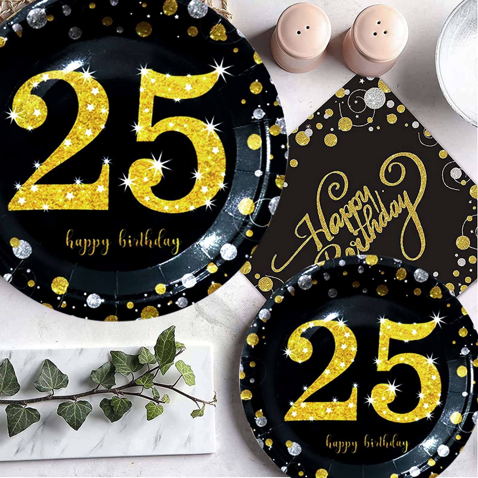 25th Birthday Party Supplies - Black & Gold Disposable Dinnerware Set for 24 Guests | Includes Plates, Cups, Cutlery, Tablecloth & Balloons | Perfect for Anniversary Celebrations, Milestone Parties & Elegant Gatherings