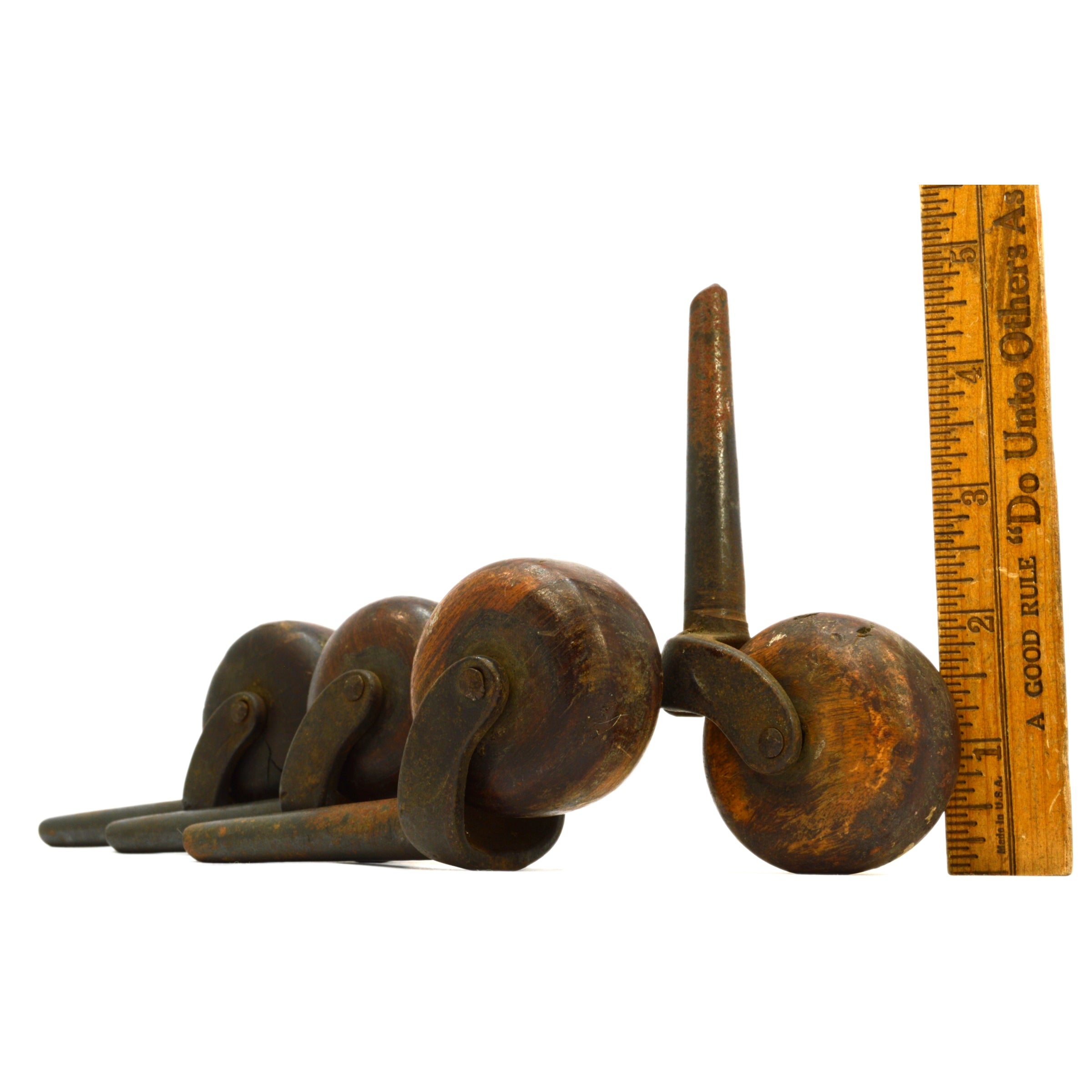 Vintage Iron Stem Casters Set of 4 with 2 Wood Wheels - Antique Style Furniture Casters for Cabinets, Dressers & Industrial Decor - Perfect for Restoration Projects & Vintage Home Decor
