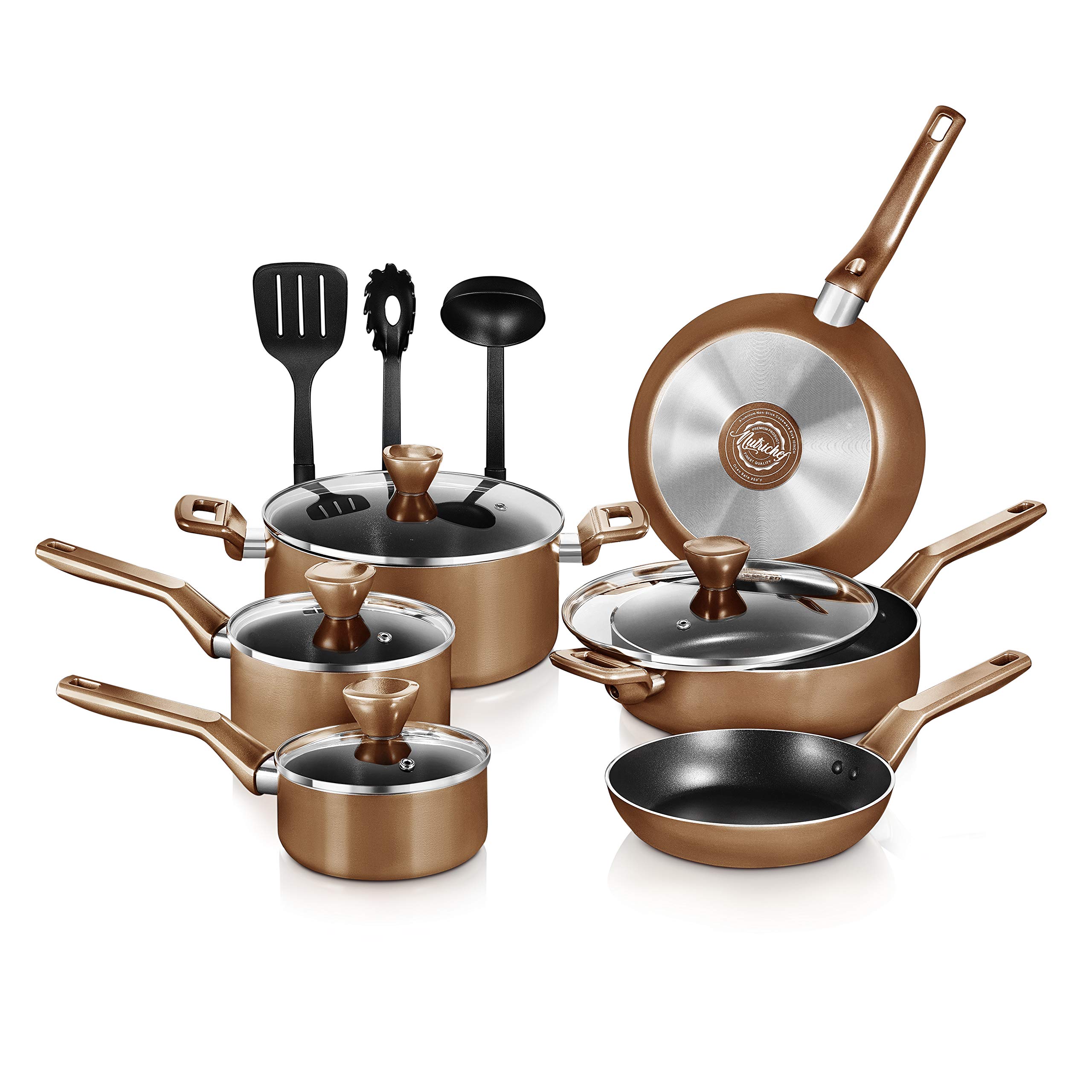 NutriChef 13-Piece Non-Stick Kitchen Cookware Set - Brown Pots & Pans for Cooking, Frying & Baking | Durable Stainless Steel Handles | Dishwasher Safe | Perfect for Home Chefs & Professional Kitchens