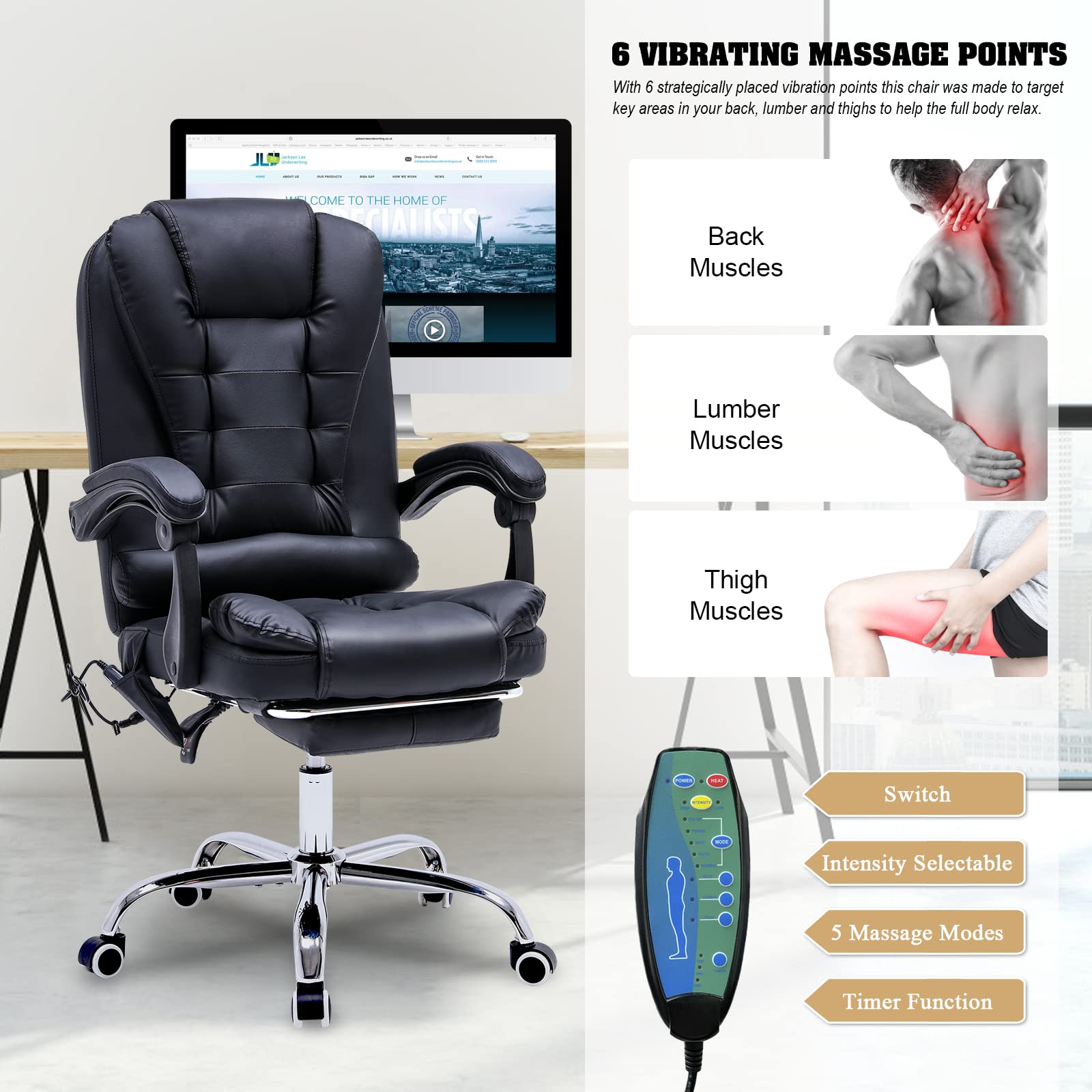 Ergonomic Reclining Office Chair with Massage & Heat - PU Leather Executive Computer Chair with Footrest & Padded Armrest - High Back Swivel Recliner for Home Office, Study, or Gaming - Black