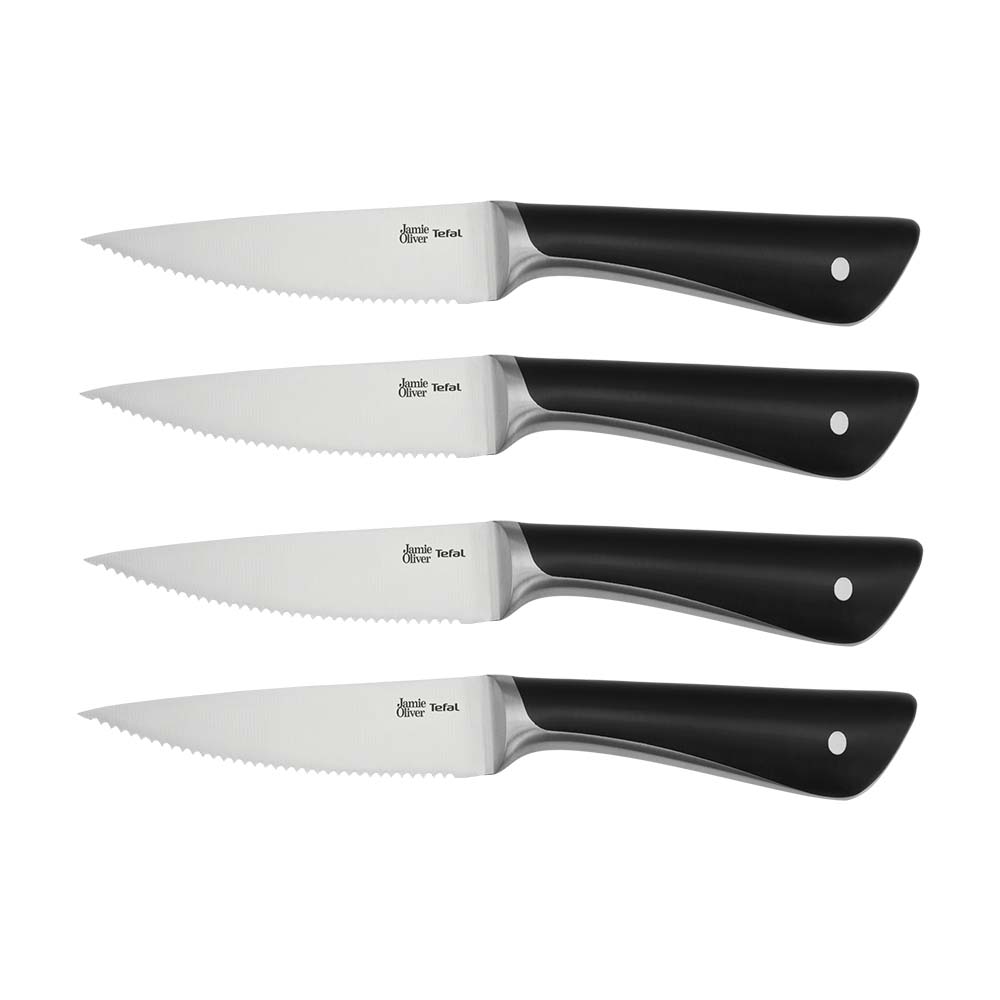 Tefal Stainless Steel Steak Knife Set - 4-Piece 11cm Kitchen Knives with User Manual | Jamie Oliver Collection | Perfect for Steak Dinners, BBQ Parties & Gourmet Cooking