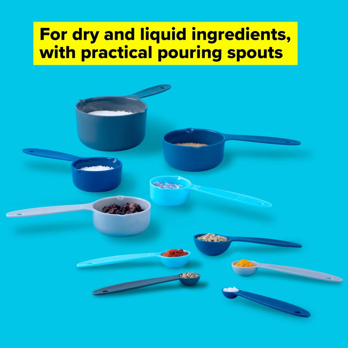 10-Piece Measuring Cups and Spoons Set for Baking - Nesting Plastic Measuring Cups & Spoons in Light Blue, Blue & Grey - Essential Kitchen Tools for Cooking, Baking & Meal Prep