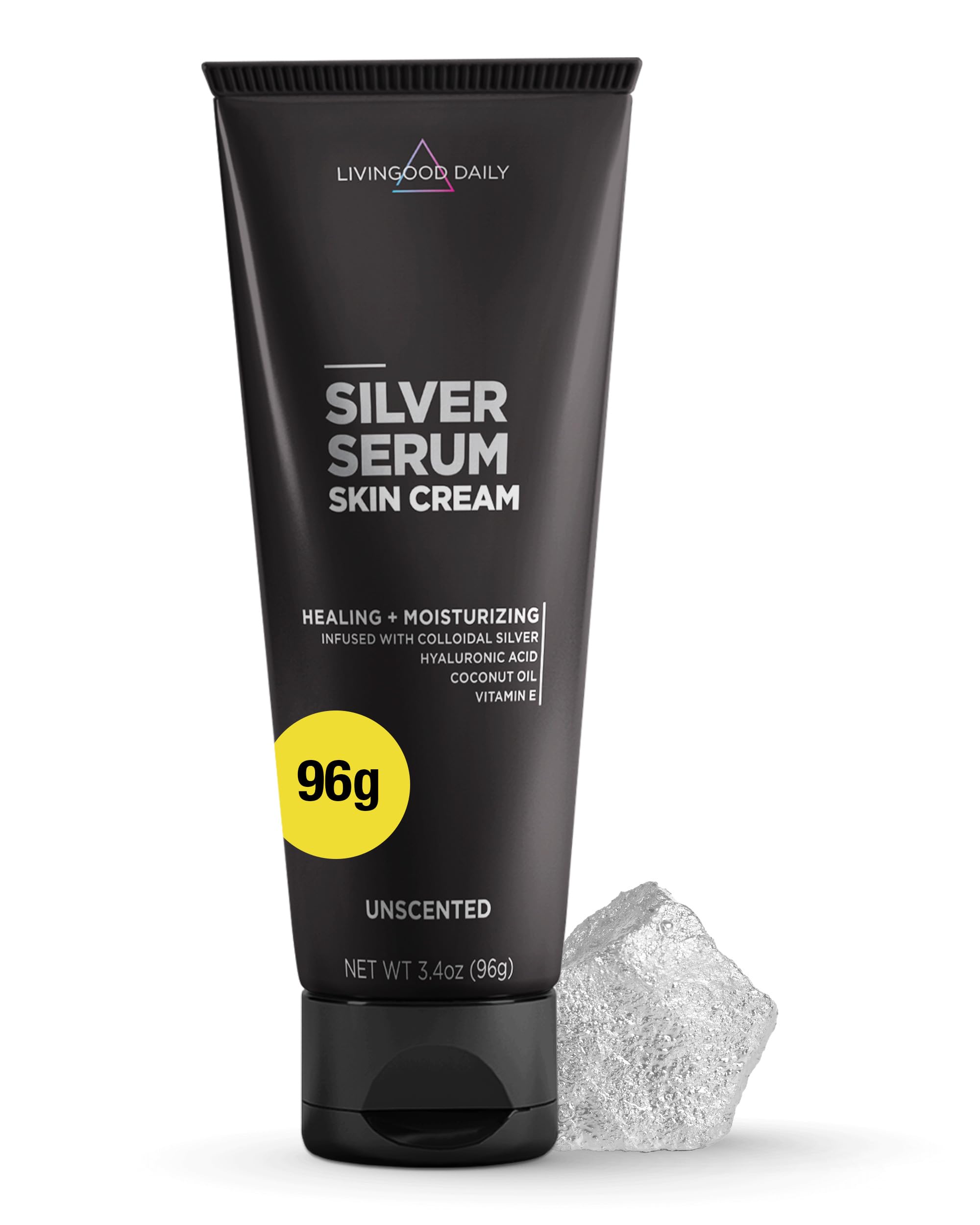 Livingood Daily Silver Serum Moisturizing Body Cream with Colloidal Silver, Hyaluronic Acid & Vitamin E | Hydrating Unscented Skin Care for Dry Skin | Perfect for Daily Use, After Shower & Night Routine - 3.4 oz