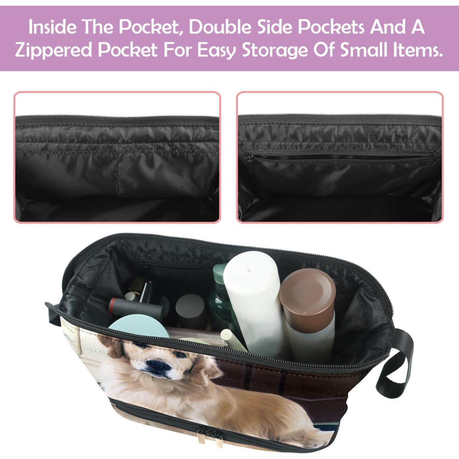 Golden Retriever Dog Print Large Travel Cosmetic Bag - Waterproof Makeup Organizer for Women, Toiletry Bag for Travel, Gym & Daily Use