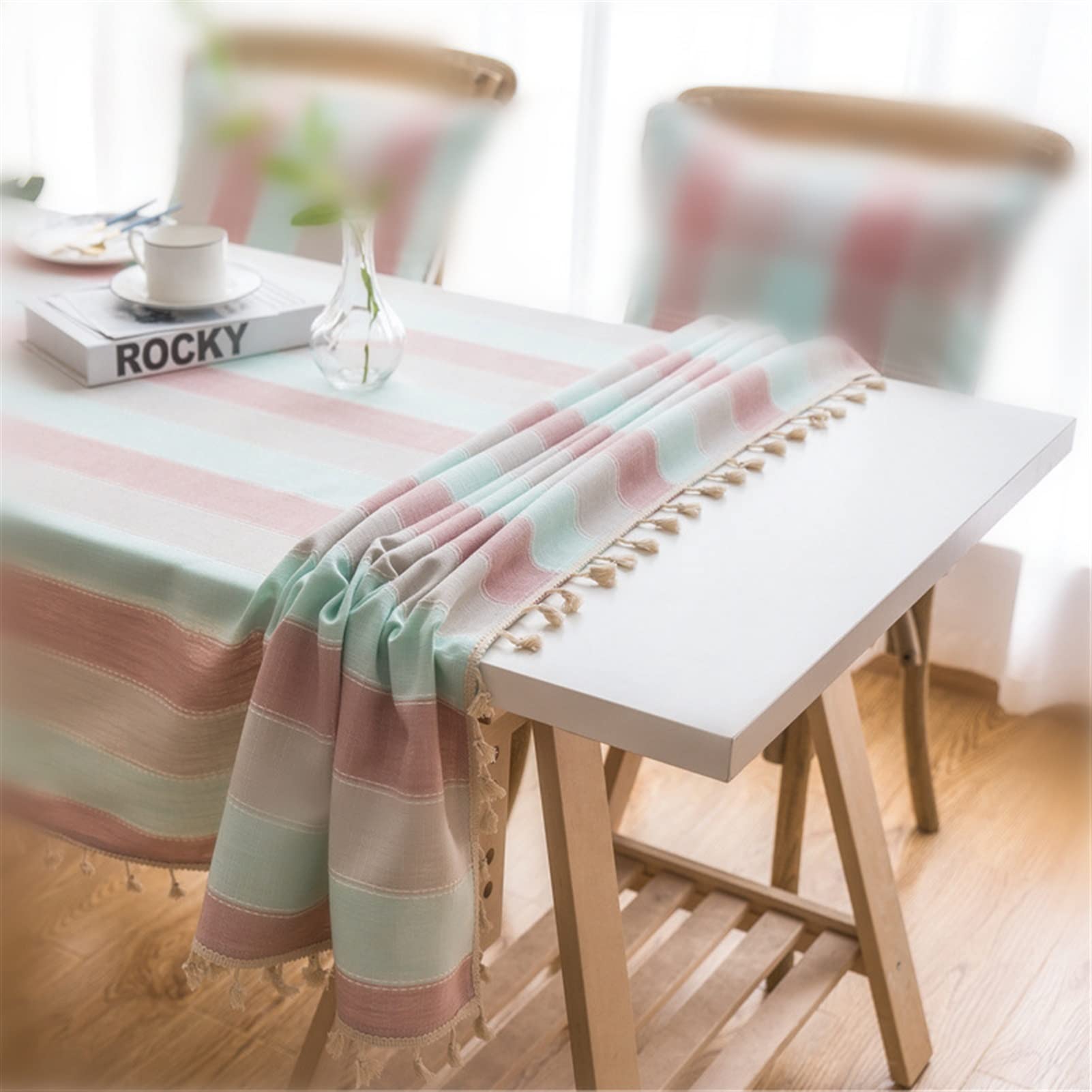 Premium Washable Cotton Linen Tablecloth - Waterproof Rectangle Table Cover with Stylish Pink & Blue Striped Stitching | Wrinkle-Free, Fashionable Kitchen & Dining Table Decor for Christmas, Parties & Everyday Use