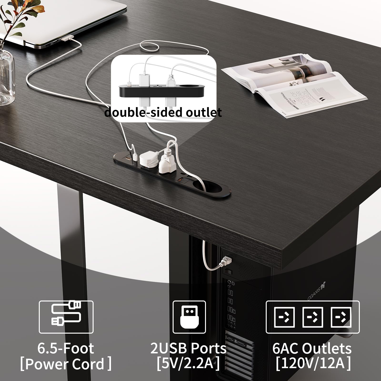 60-Inch Large Executive Desk - Modern Minimalist Wooden Computer Office Desk with Thickened Desktop & Built-in Power Outlet - Home & Business Workstation (Black) - Perfect for Remote Work, Gaming Setup & Office Productivity