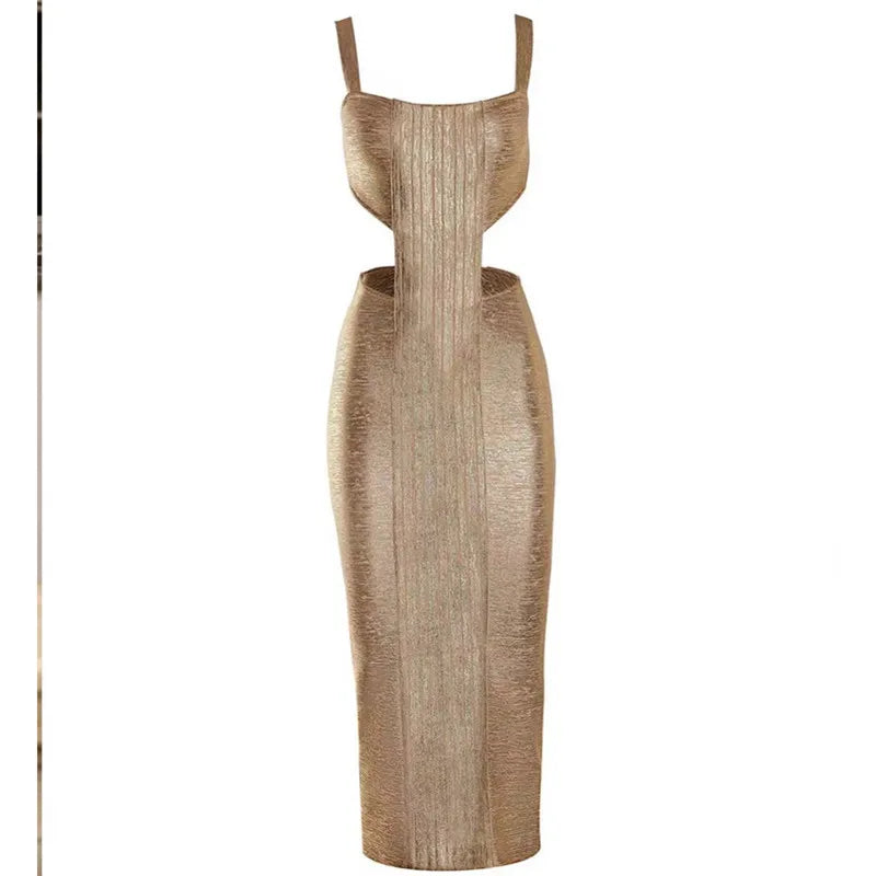 Gold Foil Summer Sleeveless Bandage Bodycon Midi Dress - Elegant Sexy Women's Evening Party & Birthday Dress for Night Out, Club, Cocktail Events