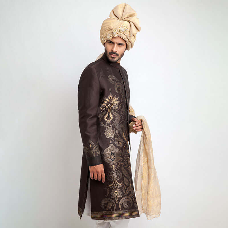 Elegant Chocolate Brown Brocade Sherwani for Men - Perfect for Weddings, Festivals & Special Occasions