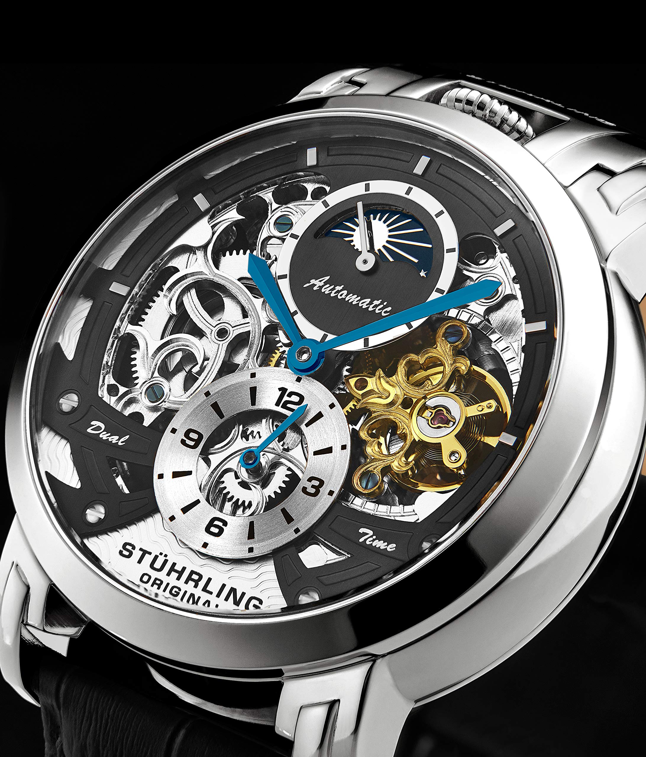 Stuhrling Original Men's Automatic Skeleton Watch - Luxury Leather Dress Watch with Stainless Steel Case - Self-Winding Mechanical Analog Watch for Men - Perfect for Business, Formal Events & Gifts