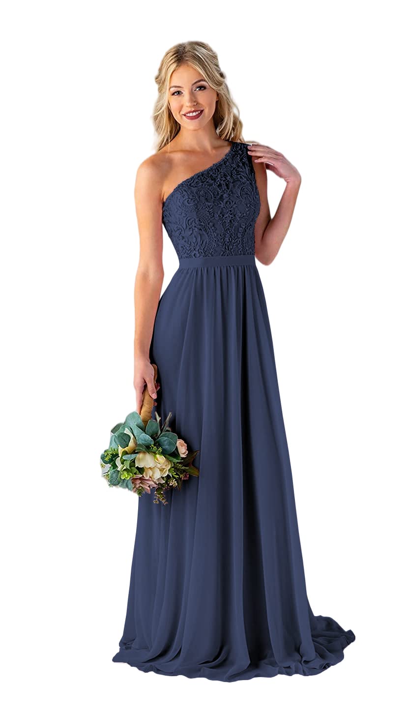 Elegant One Shoulder Lace Bridesmaid Dress - A-Line Chiffon Long Formal Gown with Pockets for Weddings, Prom & Special Occasions