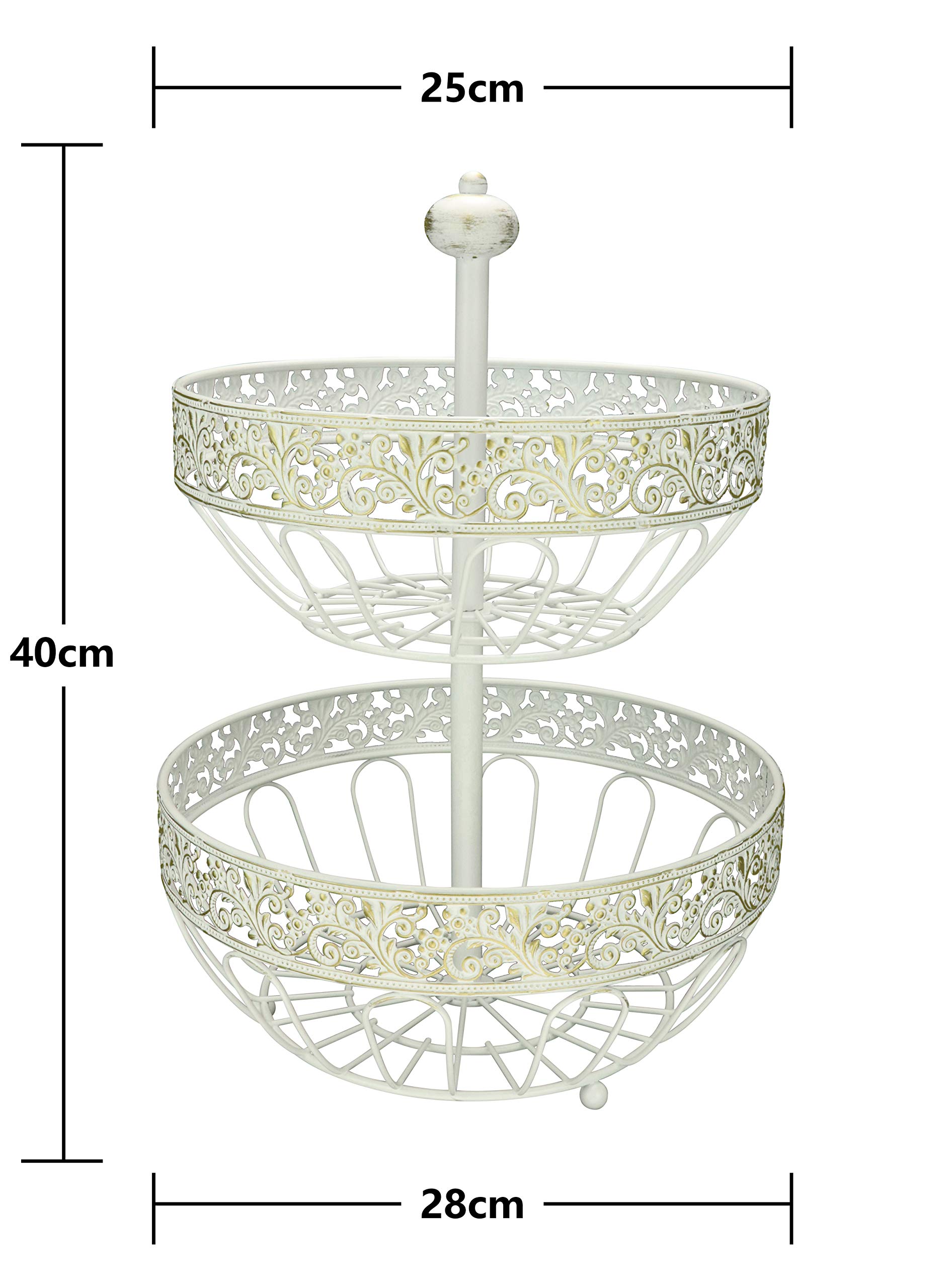 ROSYLINE 2 Tier Fruit Basket - White Brushed Bronze Kitchen Storage Organizer for Fruits, Vegetables, Snacks | Perfect for Countertop, Dining Table, Living Room & Pantry Organization