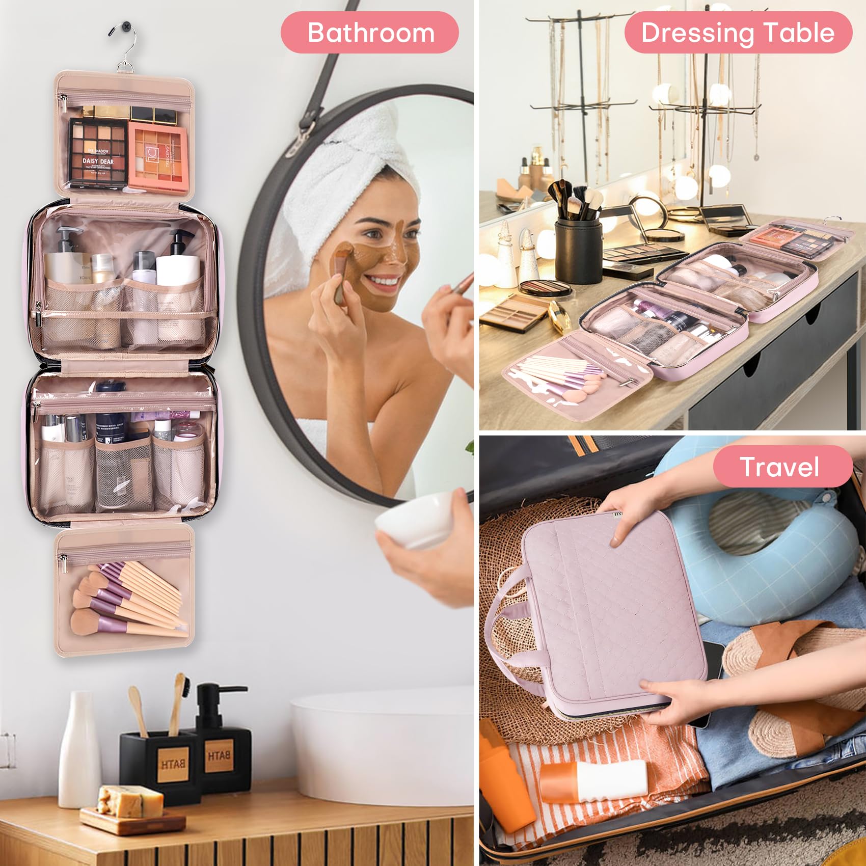 Waterproof Hanging Travel Toiletry Bag for Women - Portable Cosmetic Organizer with Hook for Makeup, Shampoo & Toiletries | Perfect for Airplane, Camping & Gym Essentials