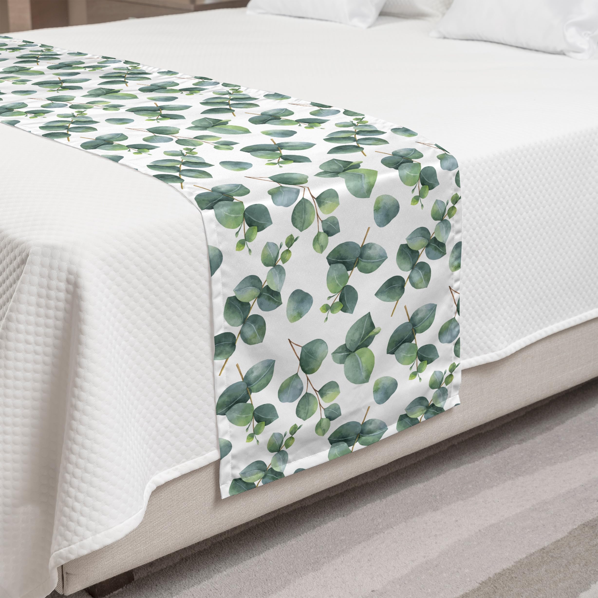 Ambesonne Leaf Bed Runner - Watercolor Eucalyptus Leaves & Branches Design, Decorative Bed Scarf for Hotels, Homes & Guestrooms (Green, Pale Brown, White) - Perfect for Fall & Winter Bedroom Decor, Wedding Accents & Cozy Home Styling