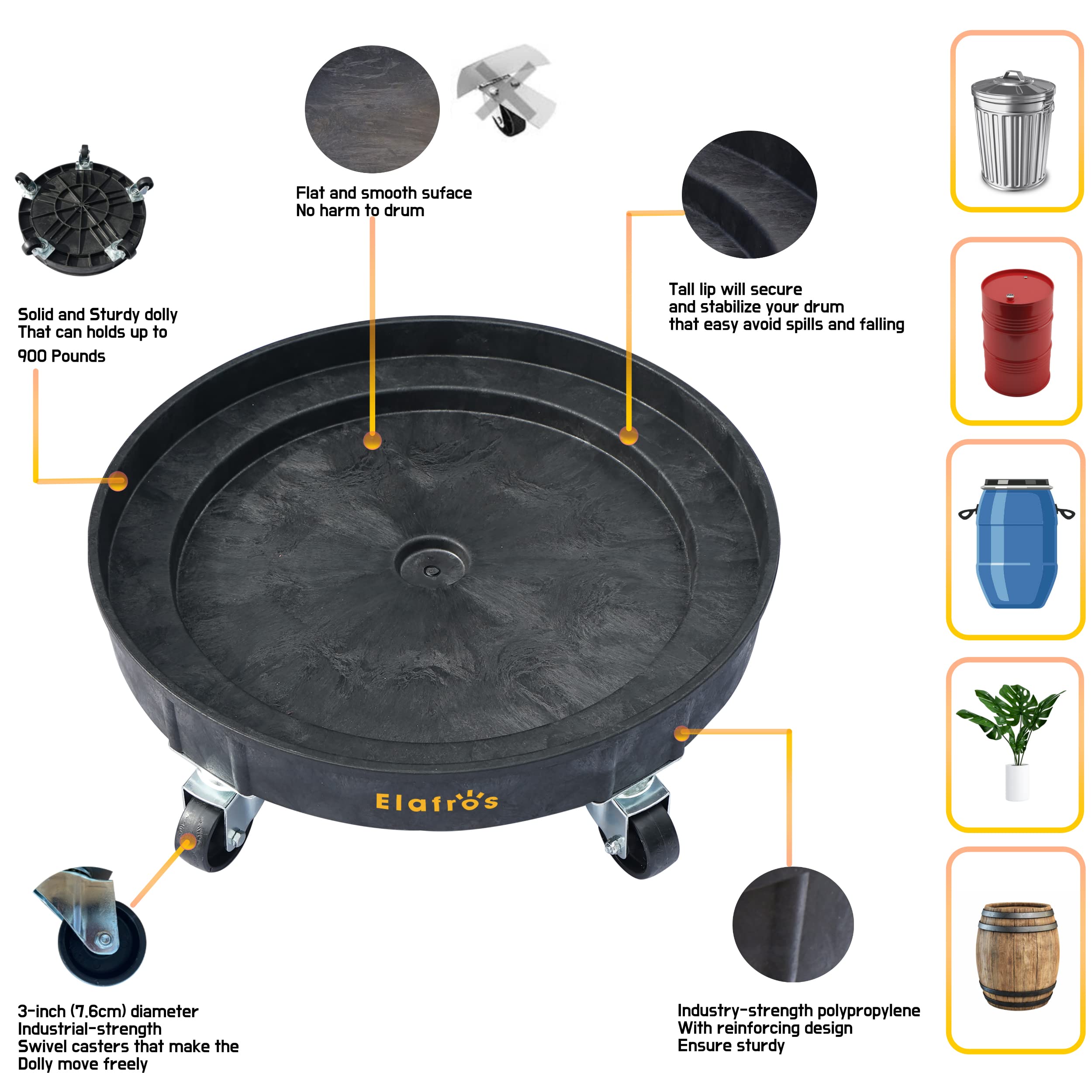 Heavy Duty Plastic Drum Dolly for 30 & 55 Gallon Barrels - 900 lb Capacity Barrel Cart with 5 Swivel Casters - Black (2 Pack) - Ideal for Warehouse, Industrial, and Home Storage Use