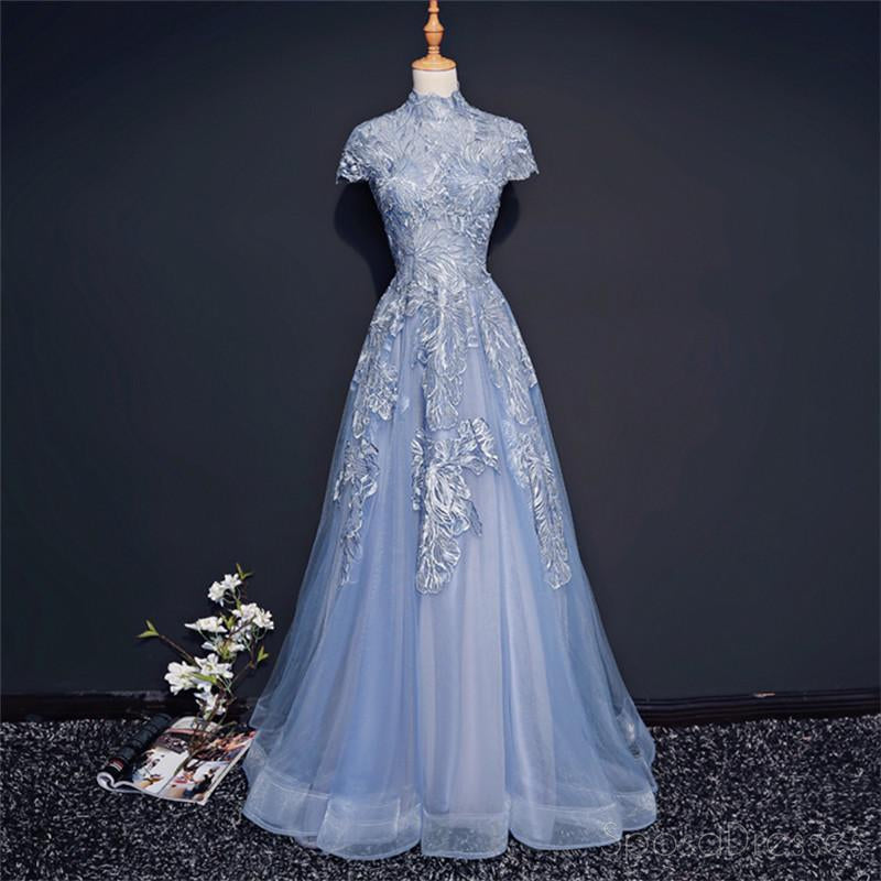 Elegant High Neck Short Sleeve Dusty Blue Long Prom Dress for Evening Parties - Formal Gown for Homecoming, Ball & Special Occasions